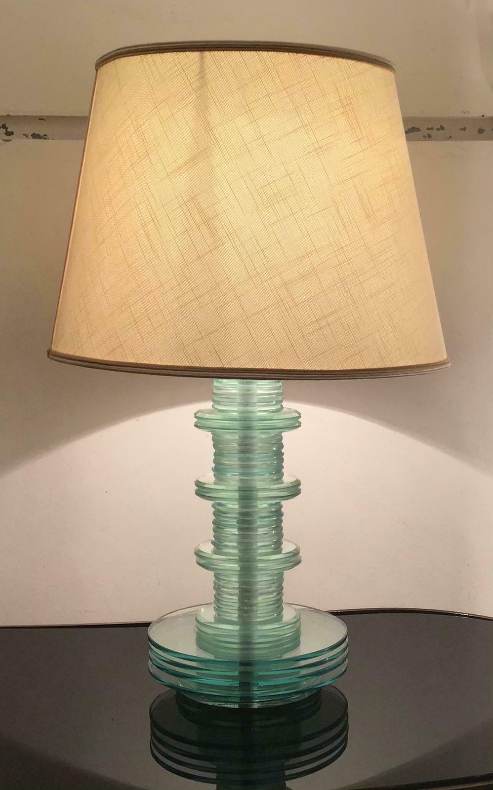 Cristal Art Table Lamp Glass Iron Fabric Lampshade, 1960, Italy photo vintage