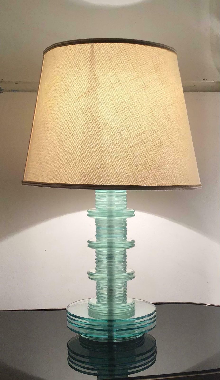 photo for sale Cristal Art Table Lamp Glass Iron Fabric Lampshade, 1960, Italy