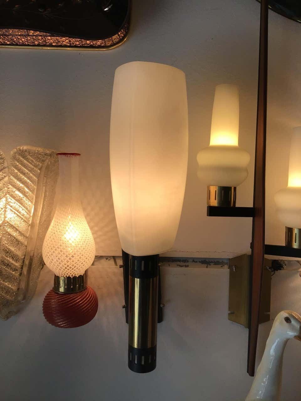 Stilnovo Style Sconces Iron Brass Wood Opaline Glass, 1950, Italy photo Lighting
