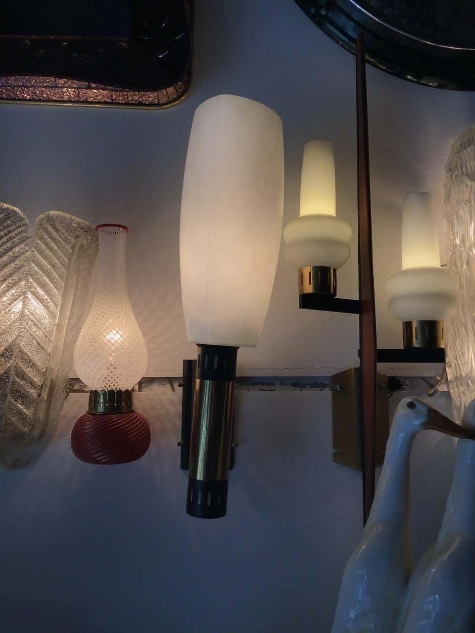Stilnovo Style Appliqués Opaline Glass Iron Brass, 1950, Italy photo for sale