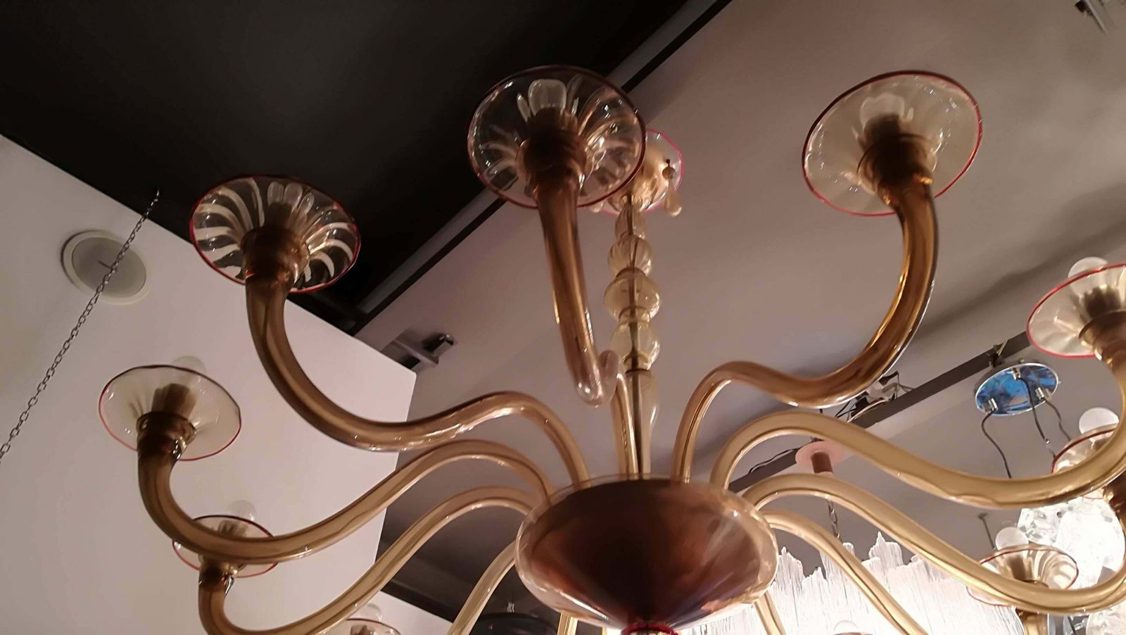 Chandelier Murano 12 Lights 1940, Colour Ambra Red Profiles, Round Shape, Glass photo for sale