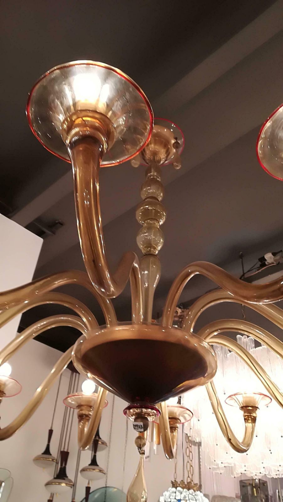 Chandelier Murano 12 Lights 1940, Colour Ambra Red Profiles, Round Shape, Glass photo vinterior