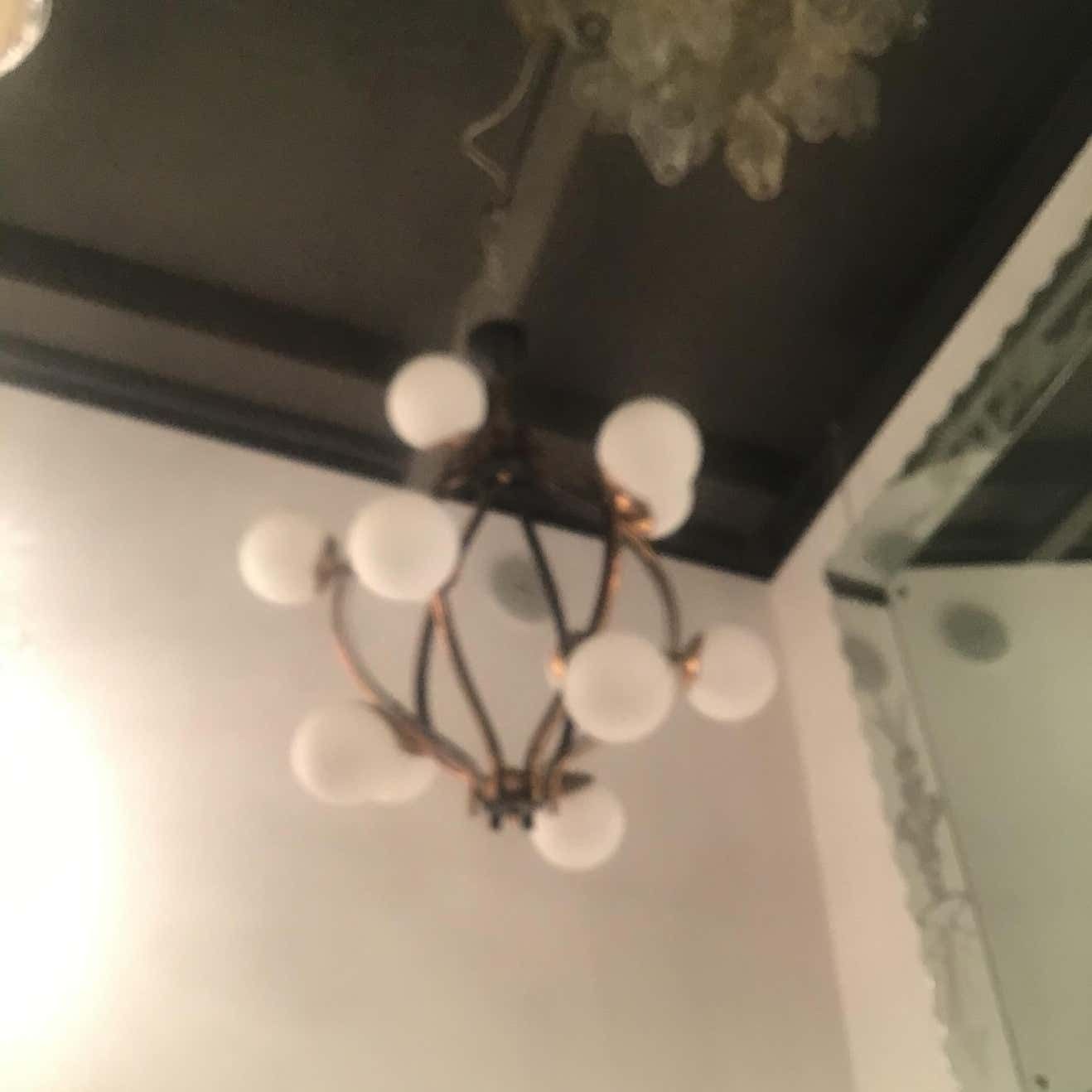 Couple Chandeliers Stilnovo 1955 Brass Glass Iron Italy photo for sale