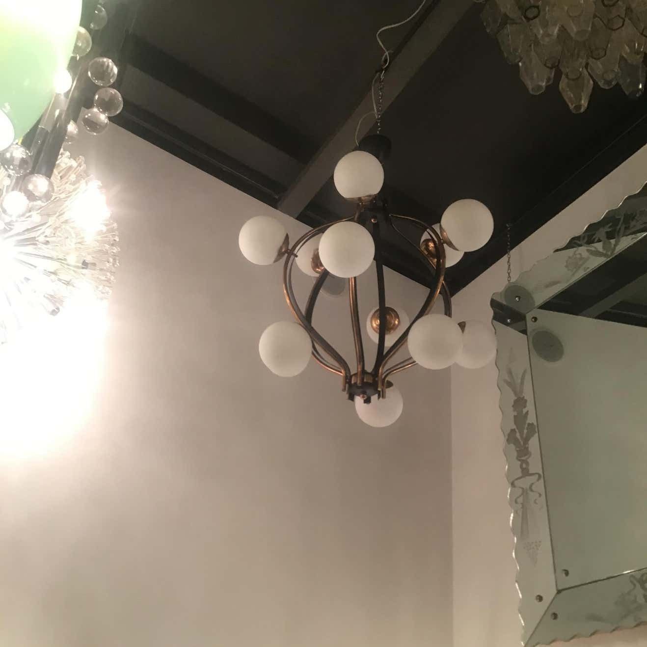 Couple Chandeliers Stilnovo 1955 Brass Glass Iron Italy photo vintage