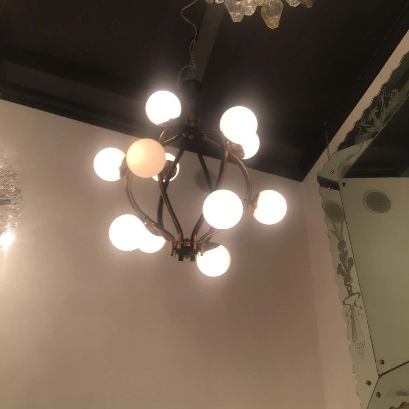 13561.0 Couple Chandeliers Stilnovo 1955 Brass Glass Iron Italy photo