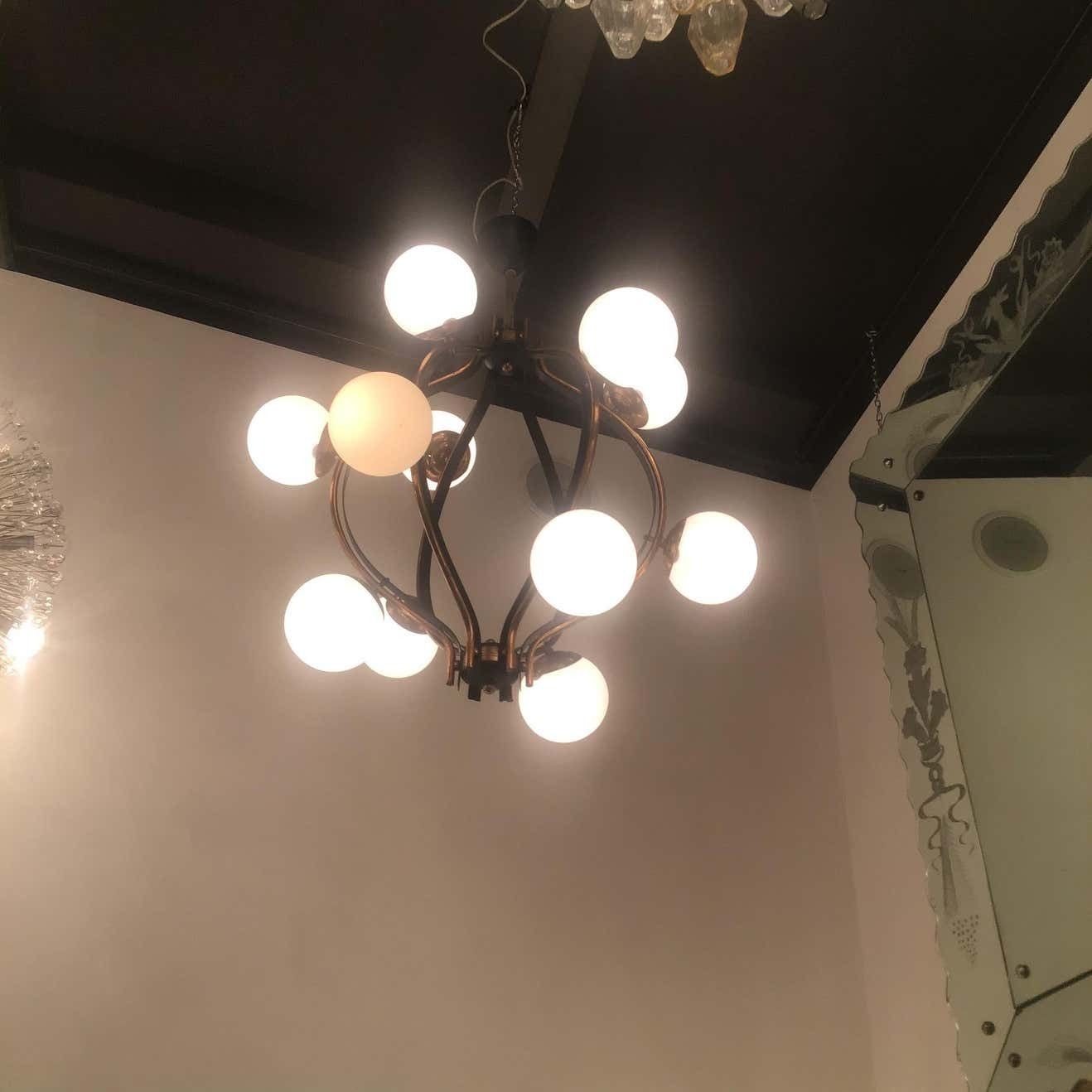 photo vintage Couple Chandeliers Stilnovo 1955 Brass Glass Iron Italy