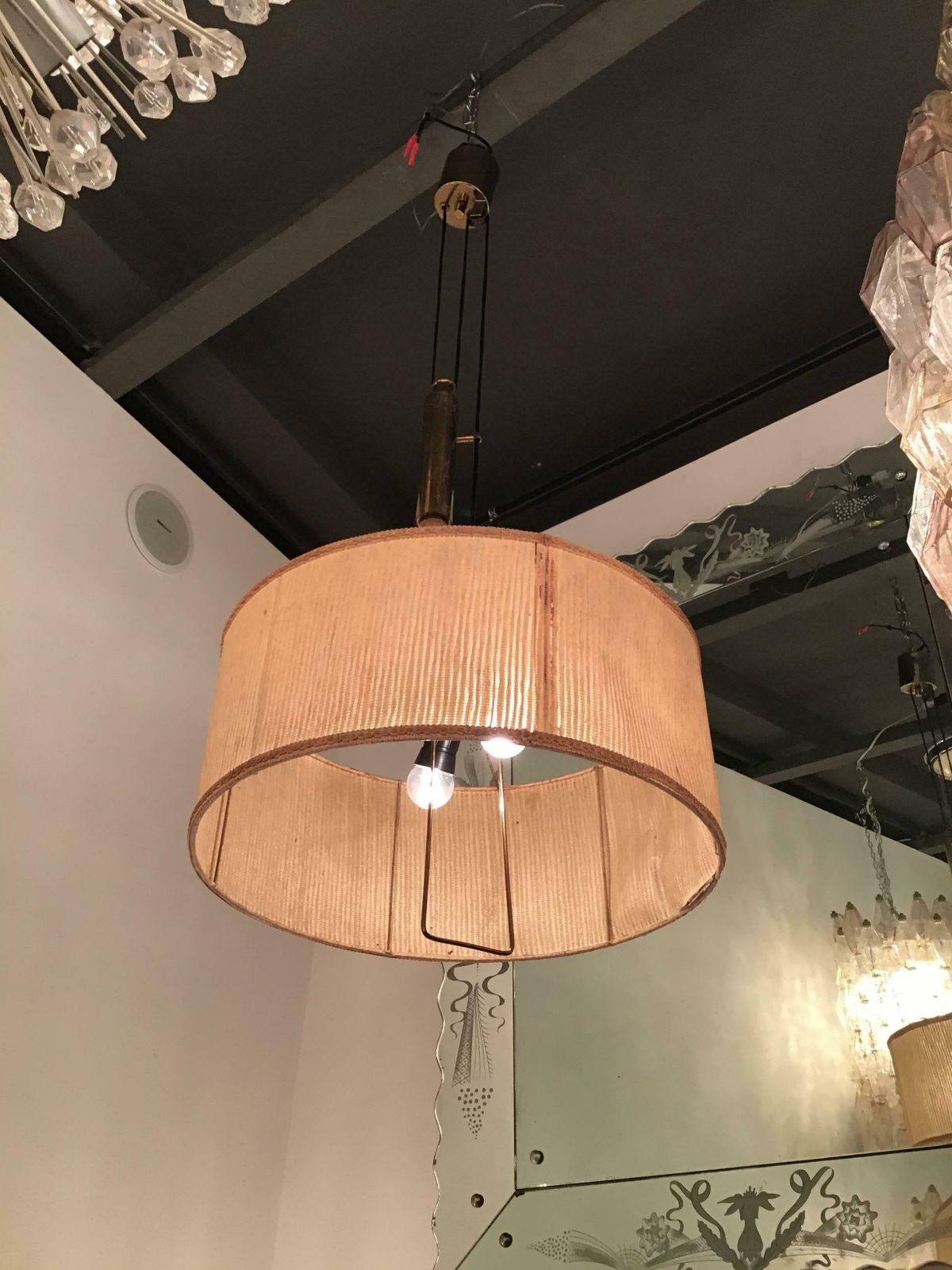 Stilnovo Style Chandelier Adjustable Latch, Brass Fabric Lampshade, 1950, Italy photo for sale