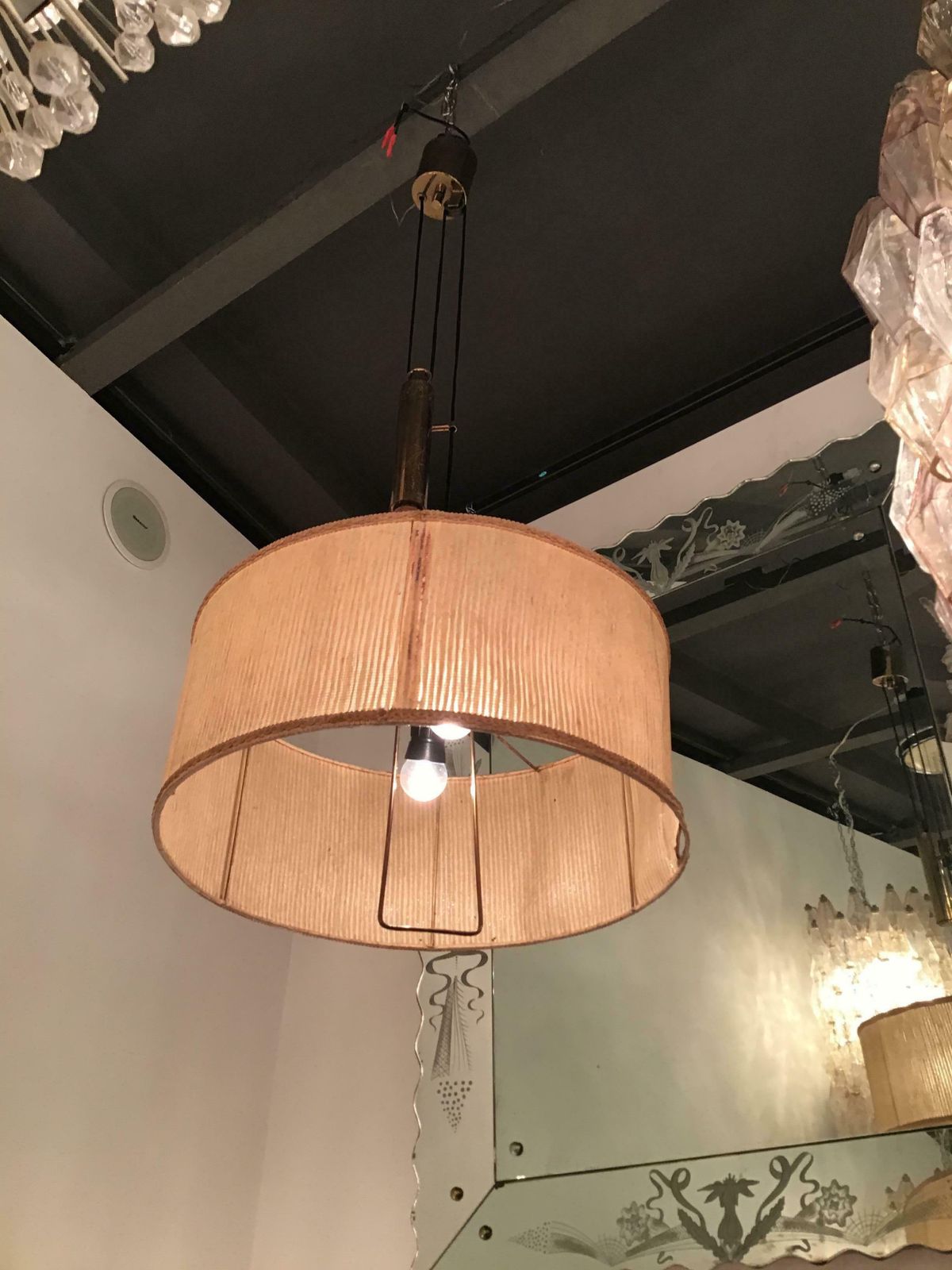 Stilnovo Style Chandelier Adjustable Latch, Brass Fabric Lampshade, 1950, Italy photo Lighting