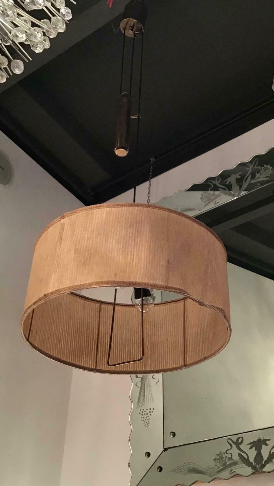 Stilnovo Style Chandelier Adjustable Latch, Brass Fabric Lampshade, 1950, Italy photo vinterior
