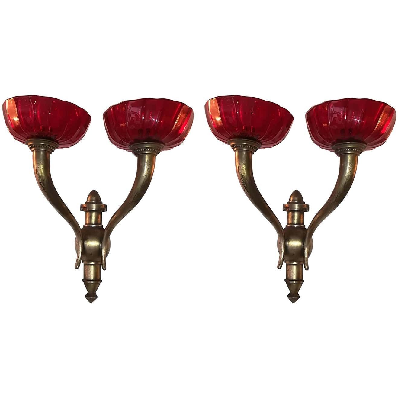 Pair Of Venini Brass And Red Murano Glass Italian Sconses 1930