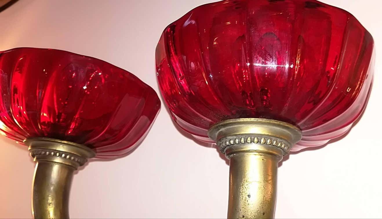 Pair Of Venini Brass And Red Murano Glass Italian Sconses 1930 photo 5425.0