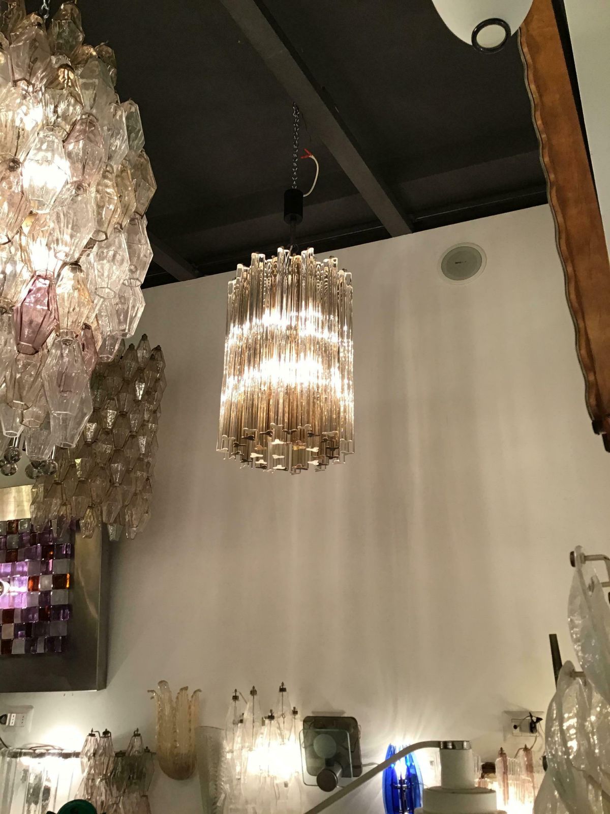 Venini Chandelier “Triedi” Murano Glass Metal Crome Iron, 1960, Italy photo furniture