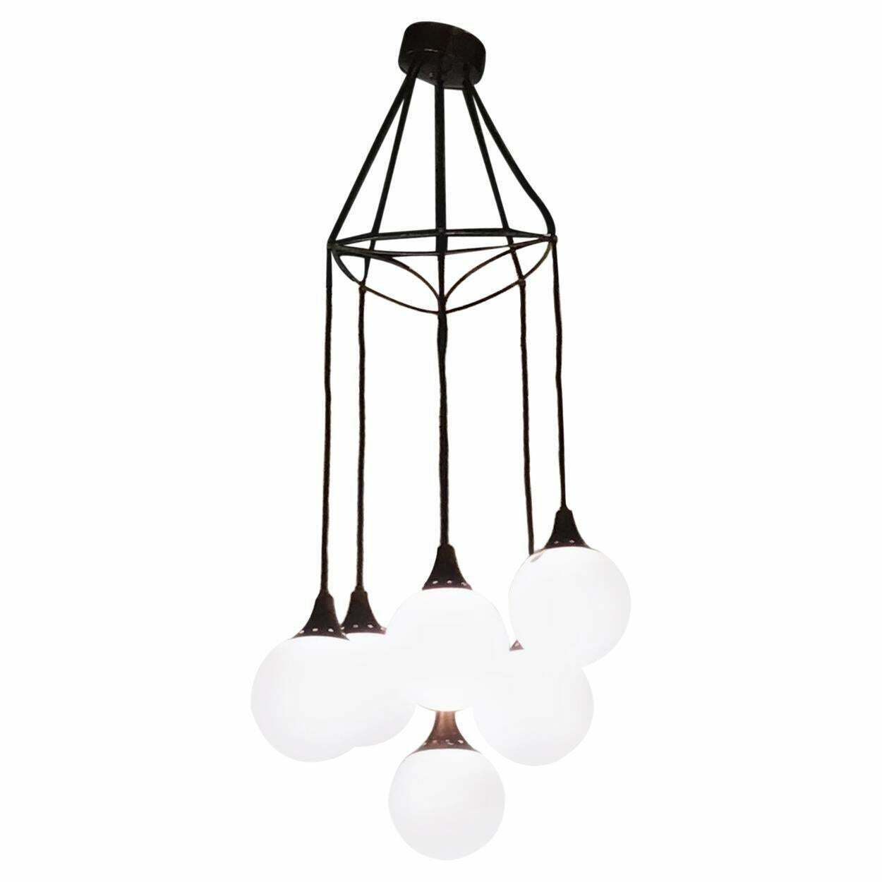 Stilnovo Chandelier Copper Plated Chrome Metal Glass 1950 Italy