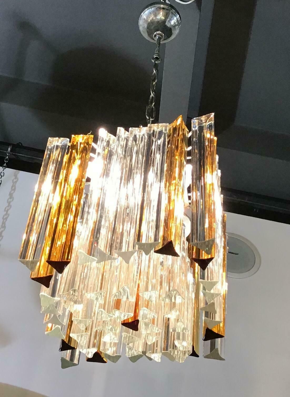 Venini Triedi White Gold Yellow Murano Glass Brass Chandelier, Italian, 1960 photo Lighting