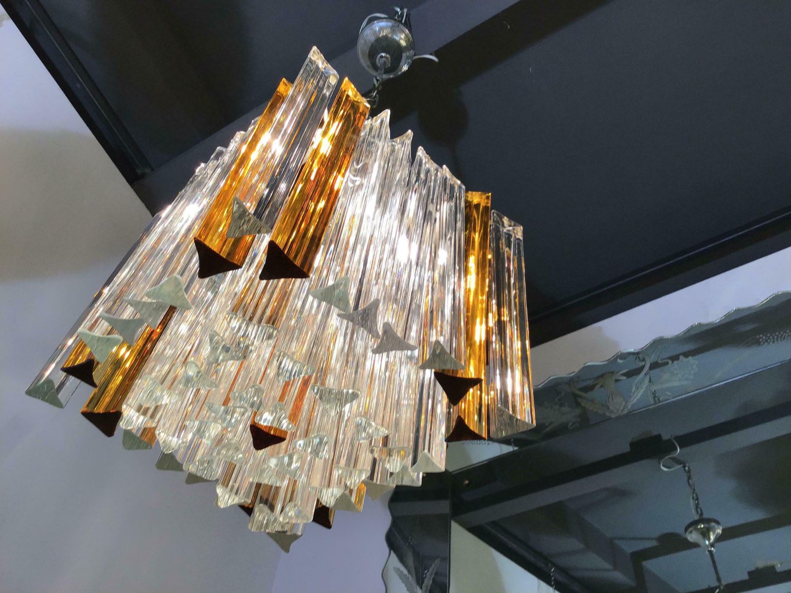 Venini Triedi White Gold Yellow Murano Glass Brass Chandelier, Italian, 1960 photo vintage