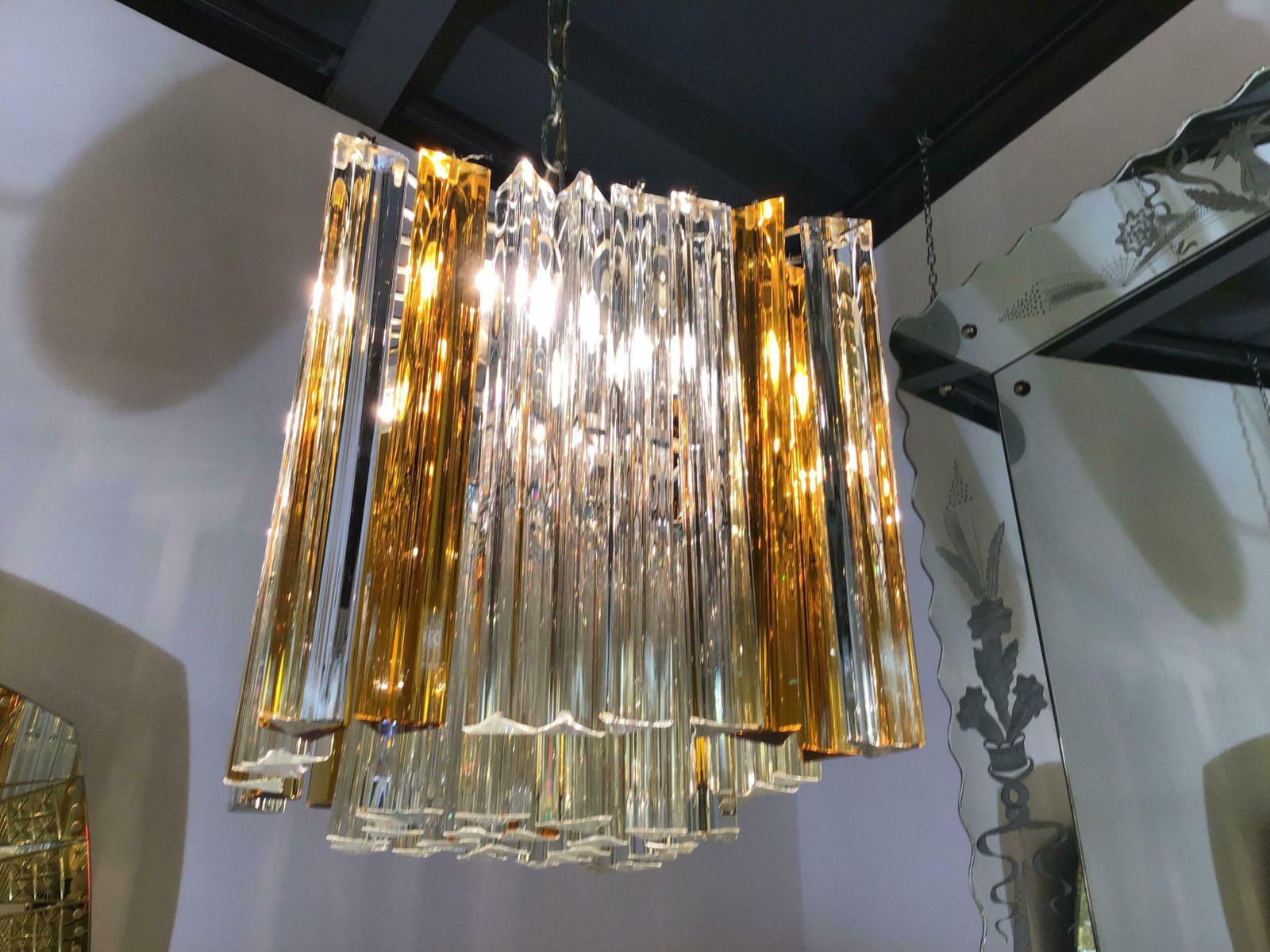 photo furniture Venini Triedi White Gold Yellow Murano Glass Brass Chandelier, Italian, 1960
