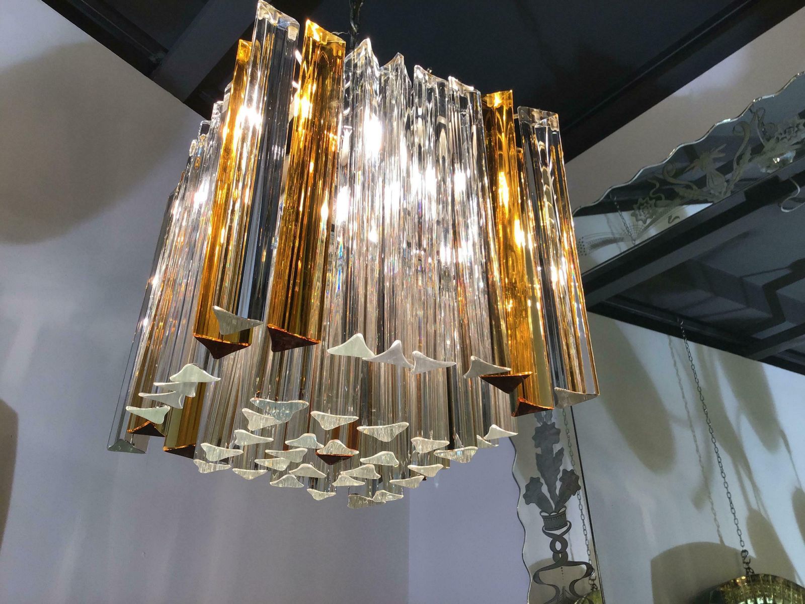 photo for sale Venini Triedi White Gold Yellow Murano Glass Brass Chandelier, Italian, 1960
