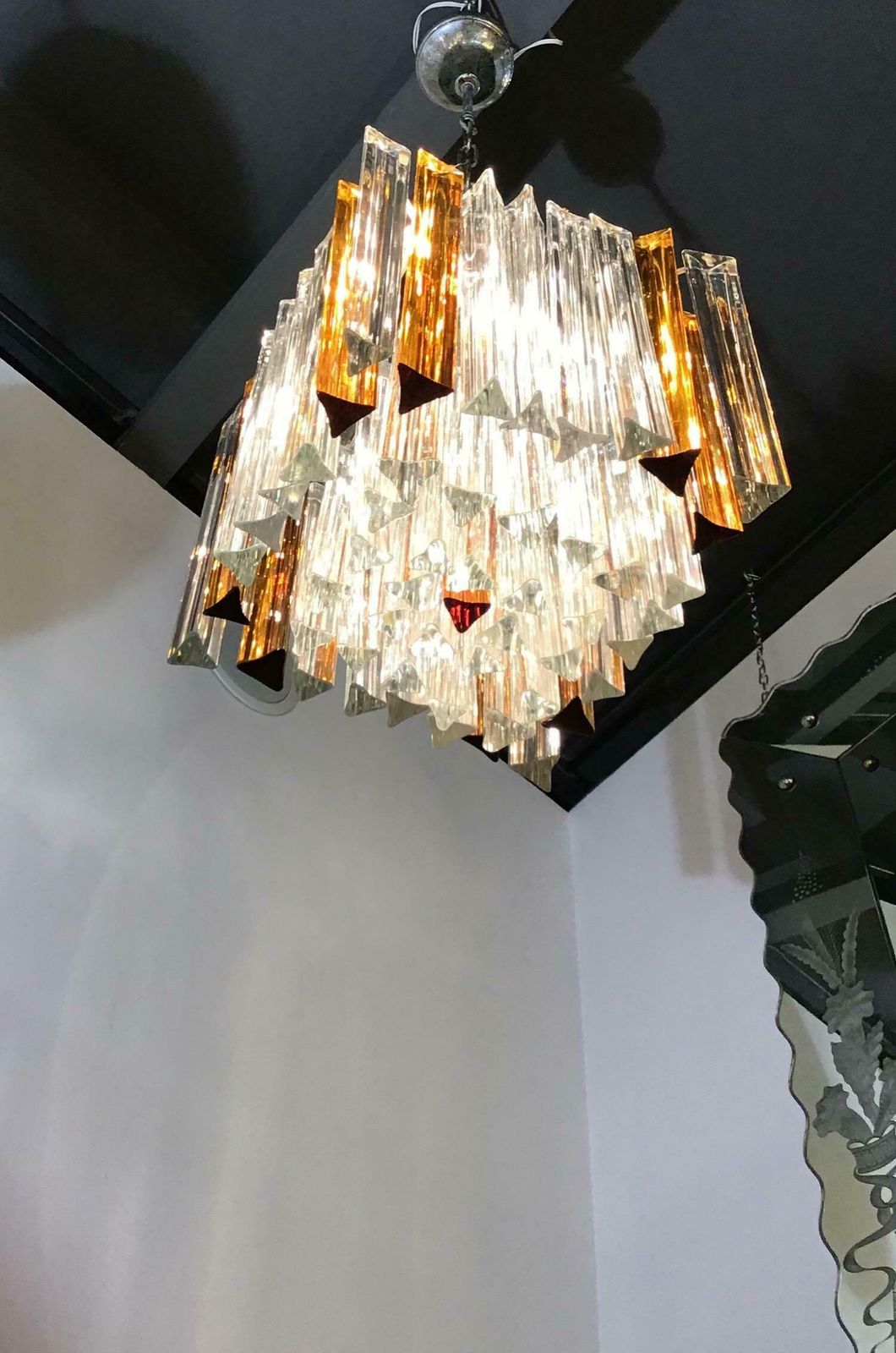 photo buy Venini Triedi White Gold Yellow Murano Glass Brass Chandelier, Italian, 1960