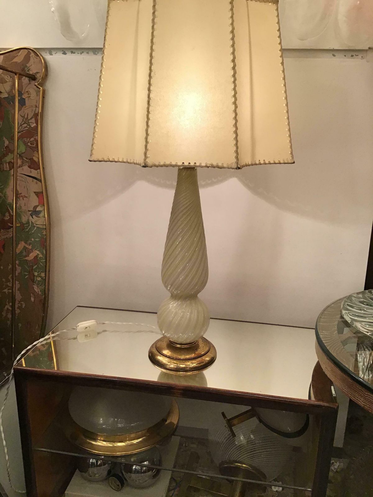 3164.0 Seguso Table Lamp Murano Glass Brass Lampshade, 1940, Italy photo