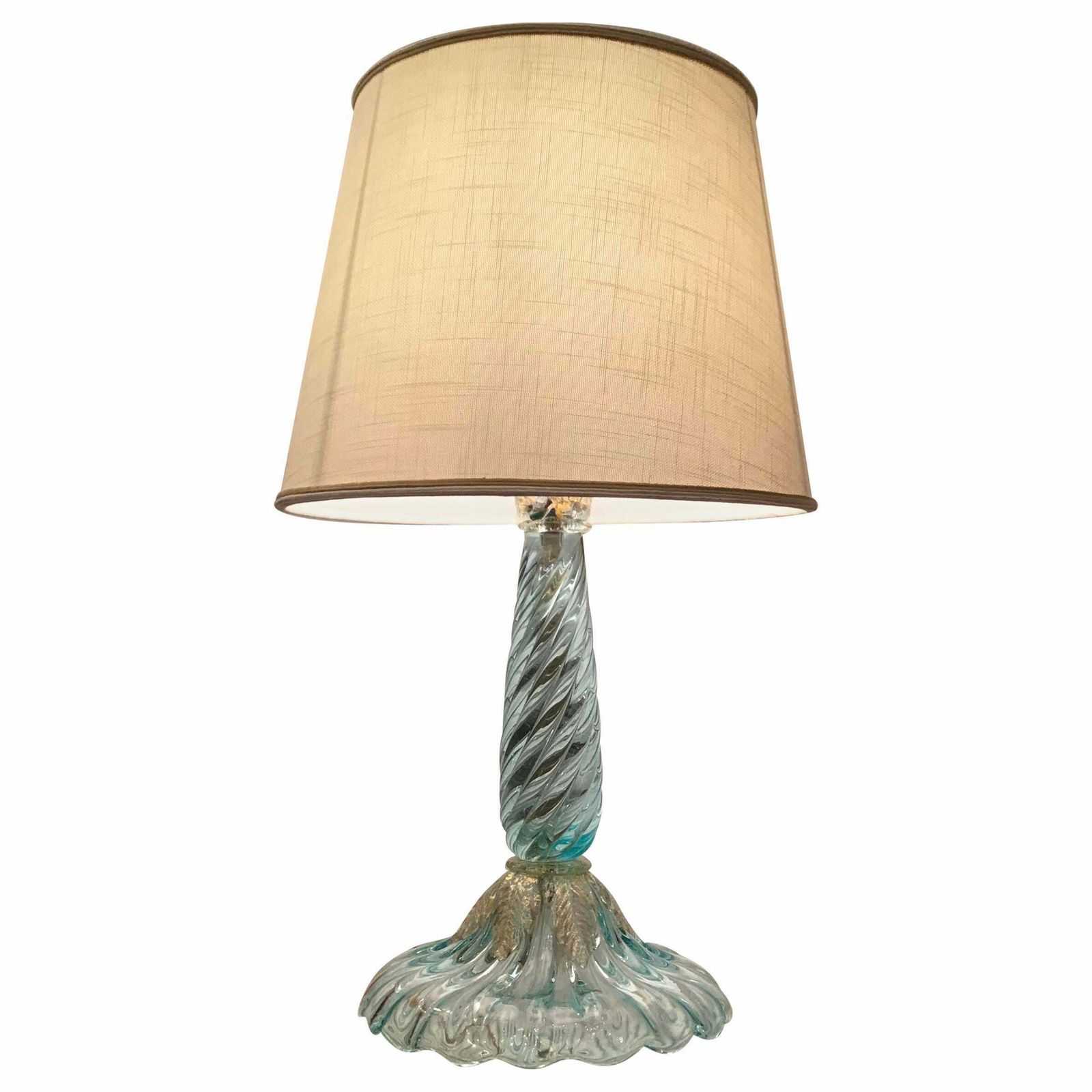 Seguso Table Lamp Murano Glass Fabric Lampshade, 1940, Italy