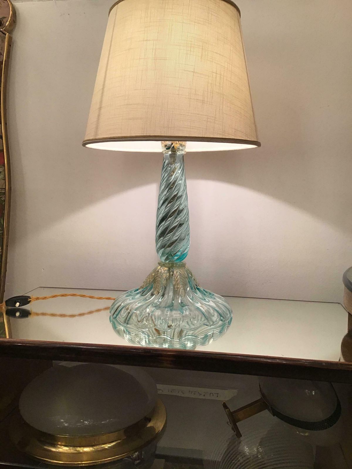 Seguso Table Lamp Murano Glass Fabric Lampshade, 1940, Italy photo 3164.0