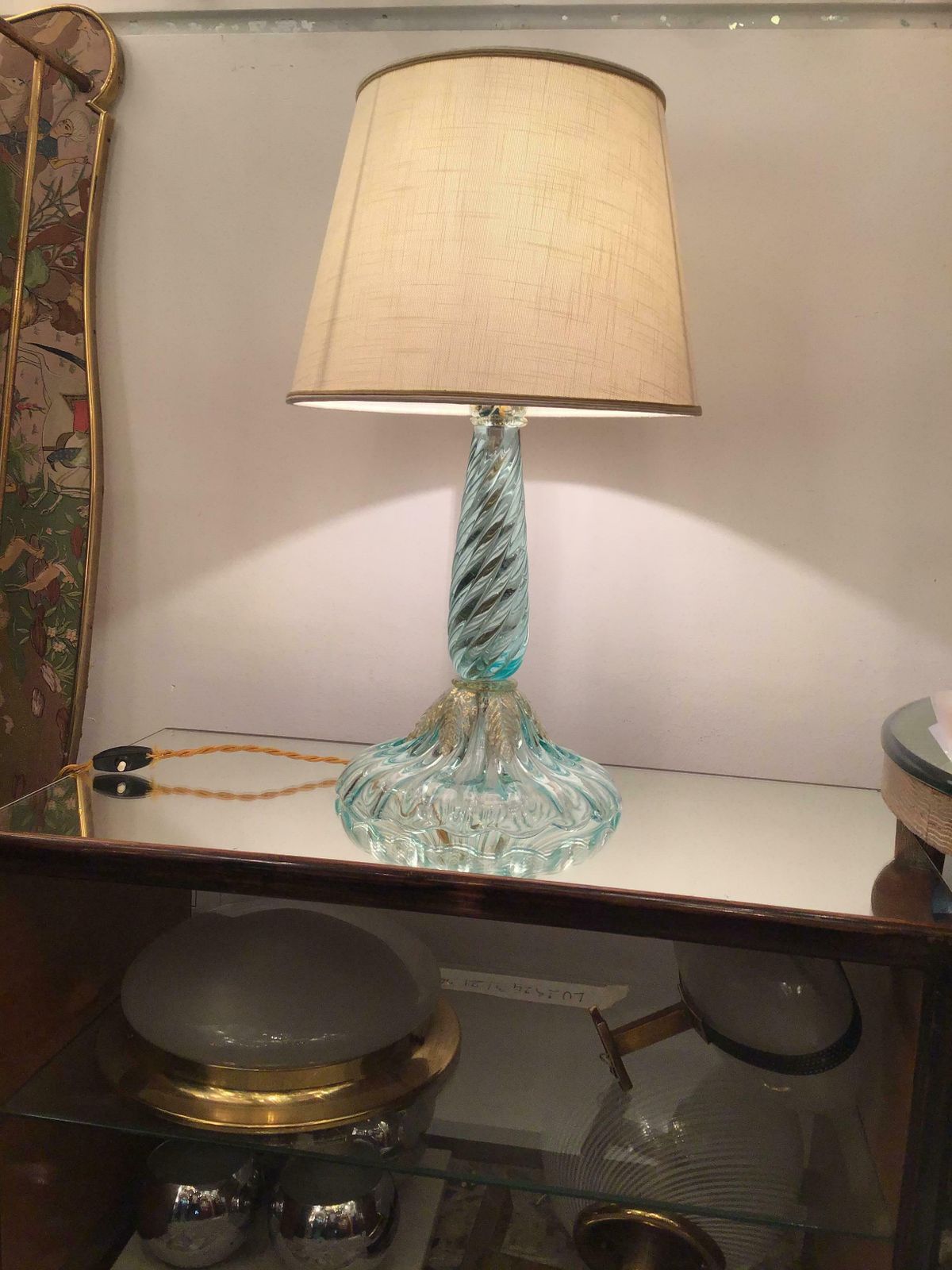 Seguso Table Lamp Murano Glass Fabric Lampshade, 1940, Italy photo vinterior