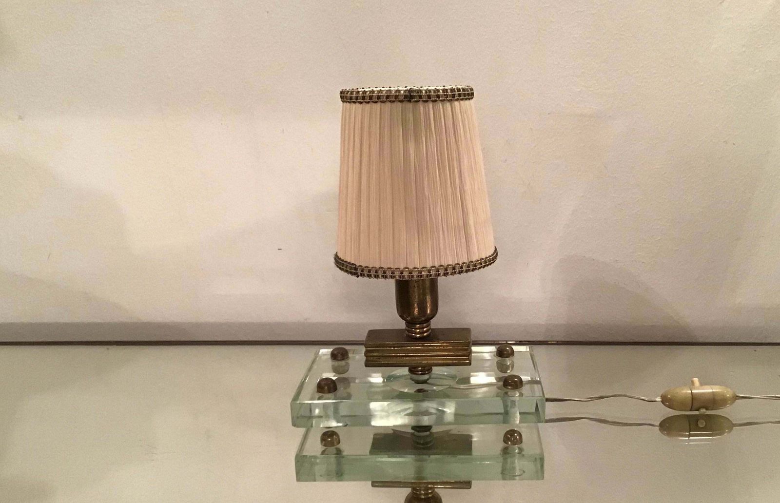 Fontana Arte Table Lamp Glass Brass Fabric Lampshade, 1950, Italy photo for sale