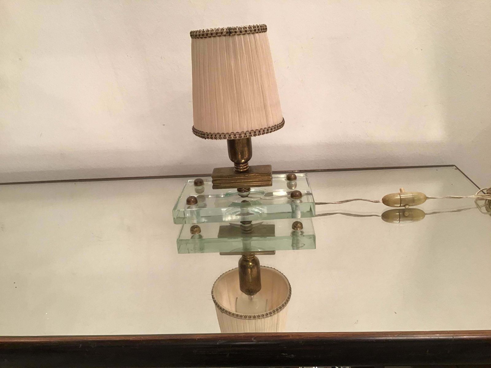 Fontana Arte Table Lamp Glass Brass Fabric Lampshade, 1950, Italy photo vinterior