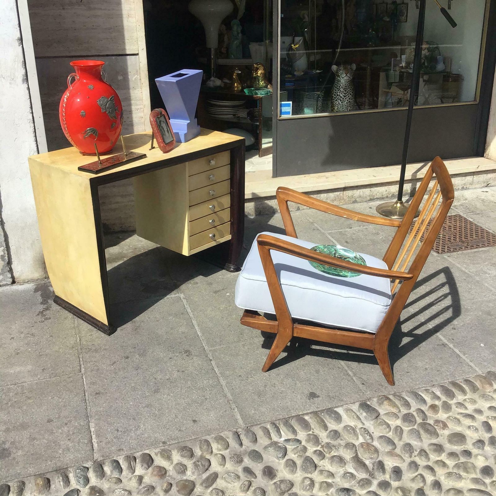 Osvaldo Borsani Wooden Desk Covered With Parchment Steel Handles 1940 Italy photo furniture