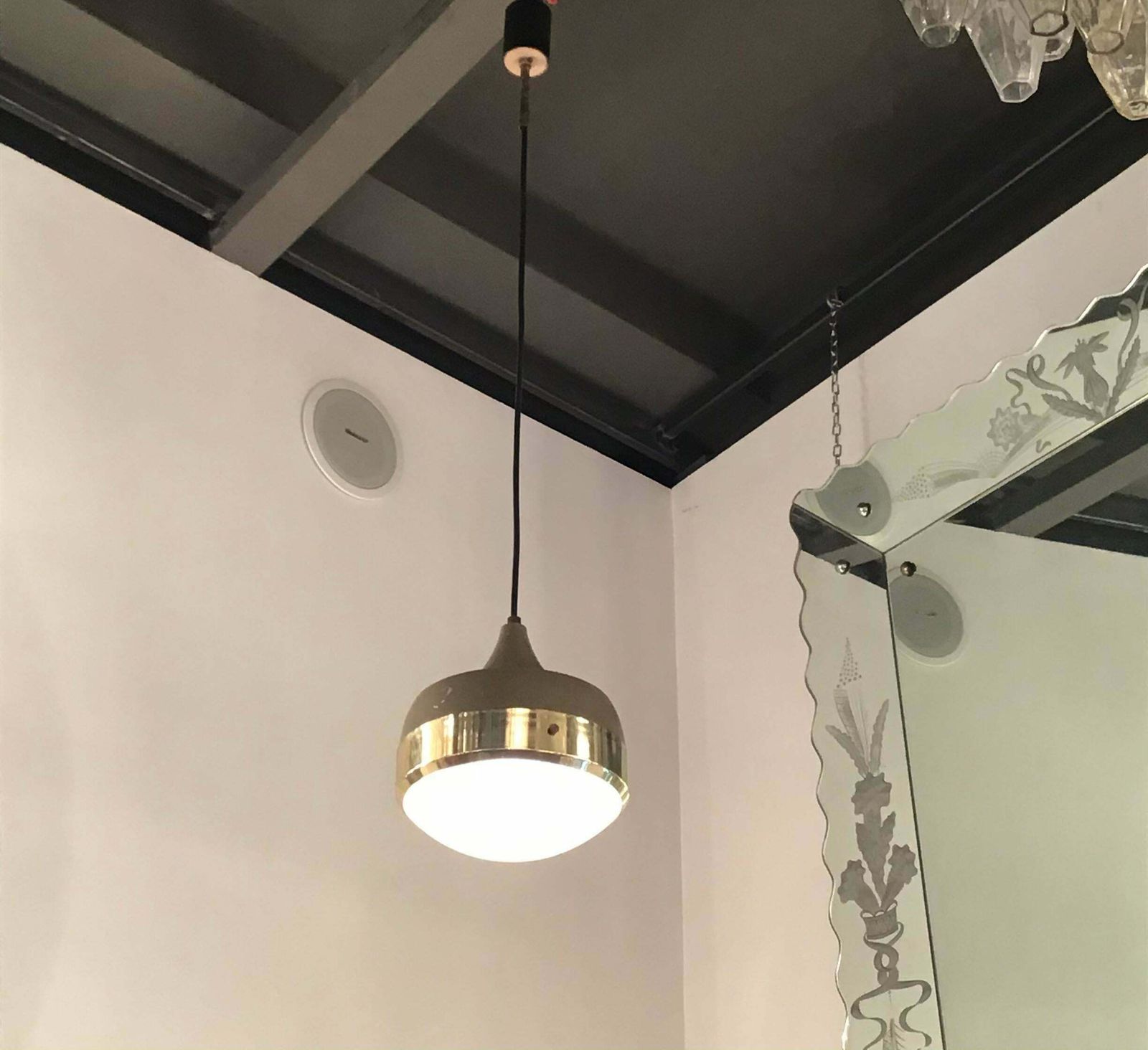 Stilnovo Chandelier Brass Glass Metal, 1960, Italy photo buy