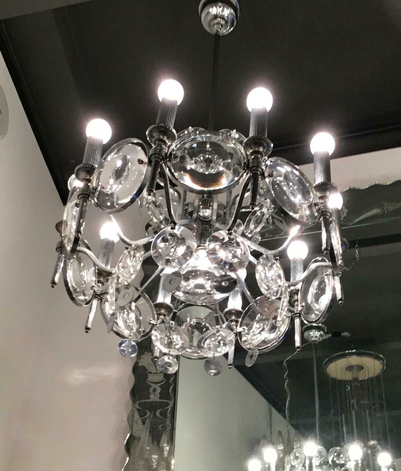 Oscar Torlasco Couple Chandelier Glass Metal Chrome 1960 Italy photo furniture