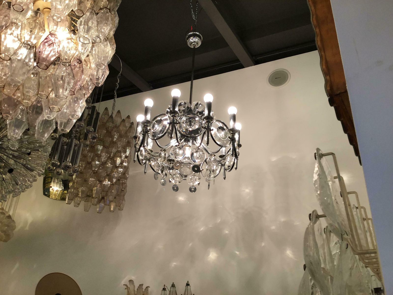 Oscar Torlasco Couple Chandelier Glass Metal Chrome 1960 Italy photo buy