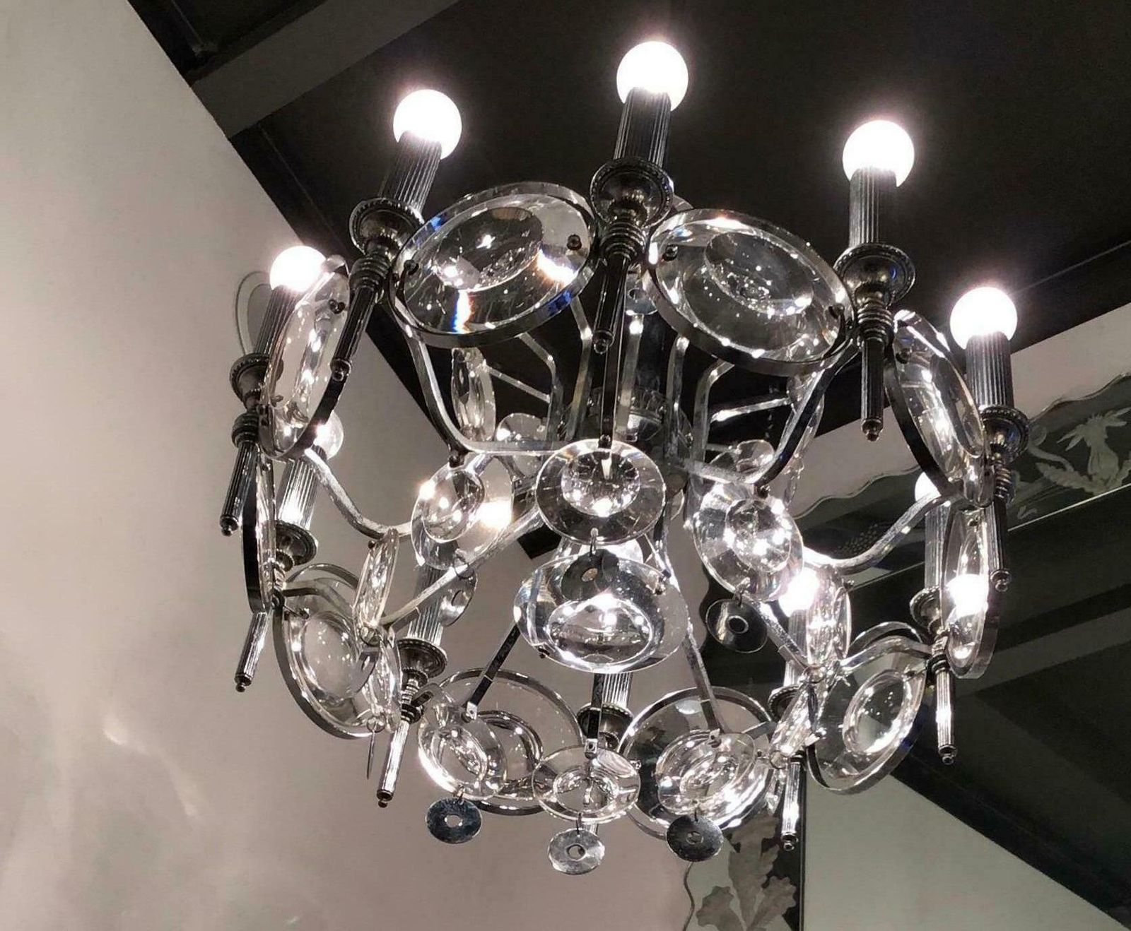 Oscar Torlasco Chandelier Glass Metal Crome 1960 Italy photo for sale