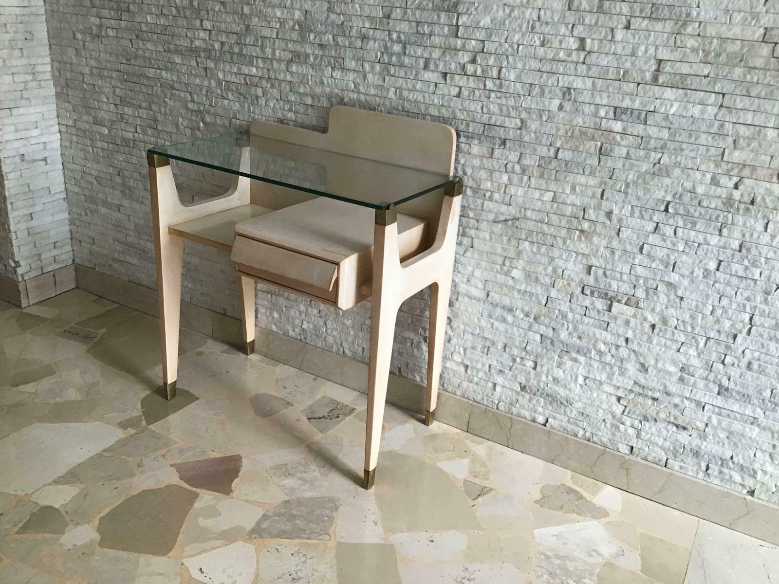 Gio Ponti Stile Bedside Tables Brass Wood Glass 1950 Italy photo Furniture