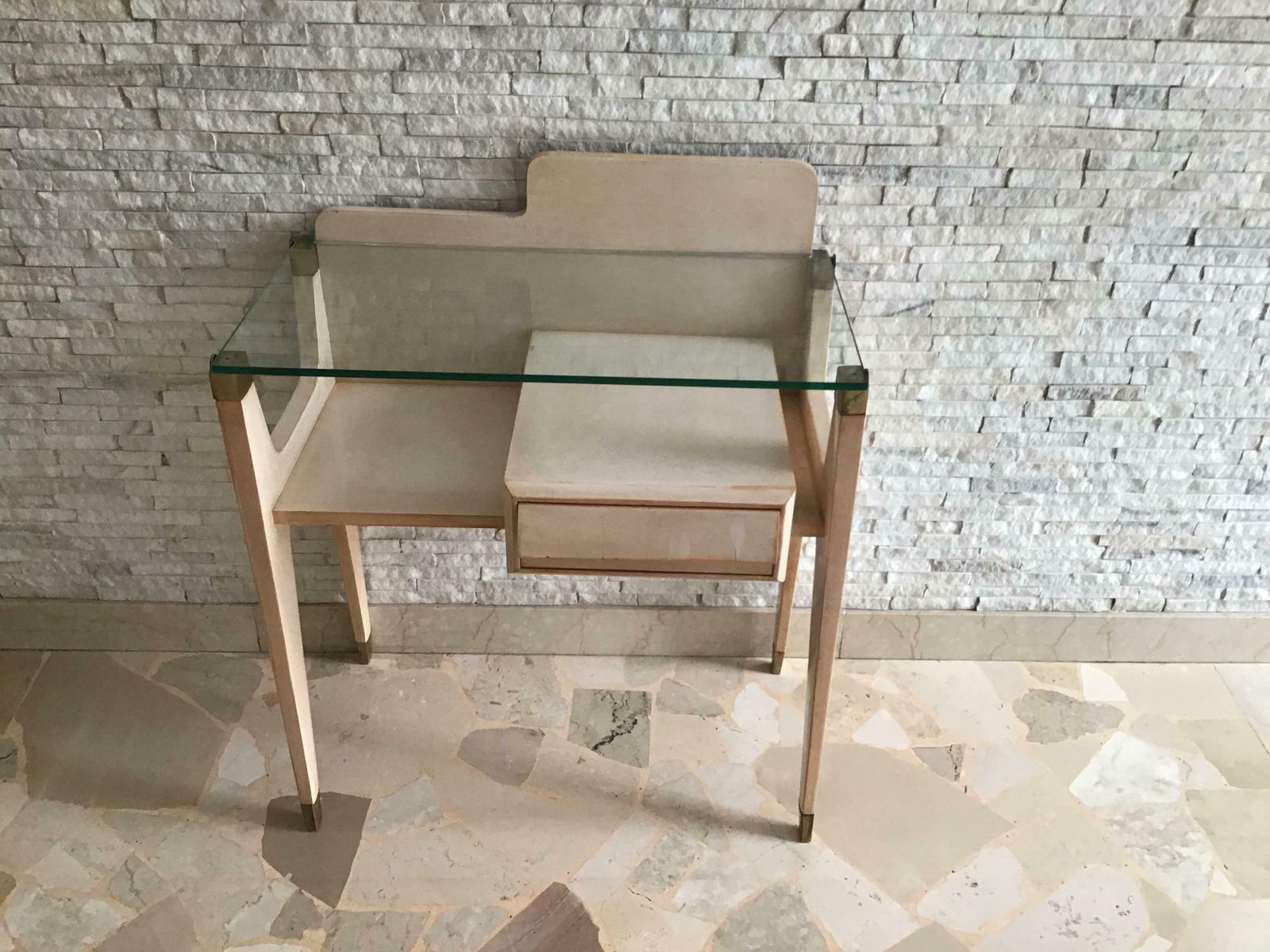 Gio Ponti Stile Bedside Tables Brass Wood Glass 1950 Italy photo 4521.0