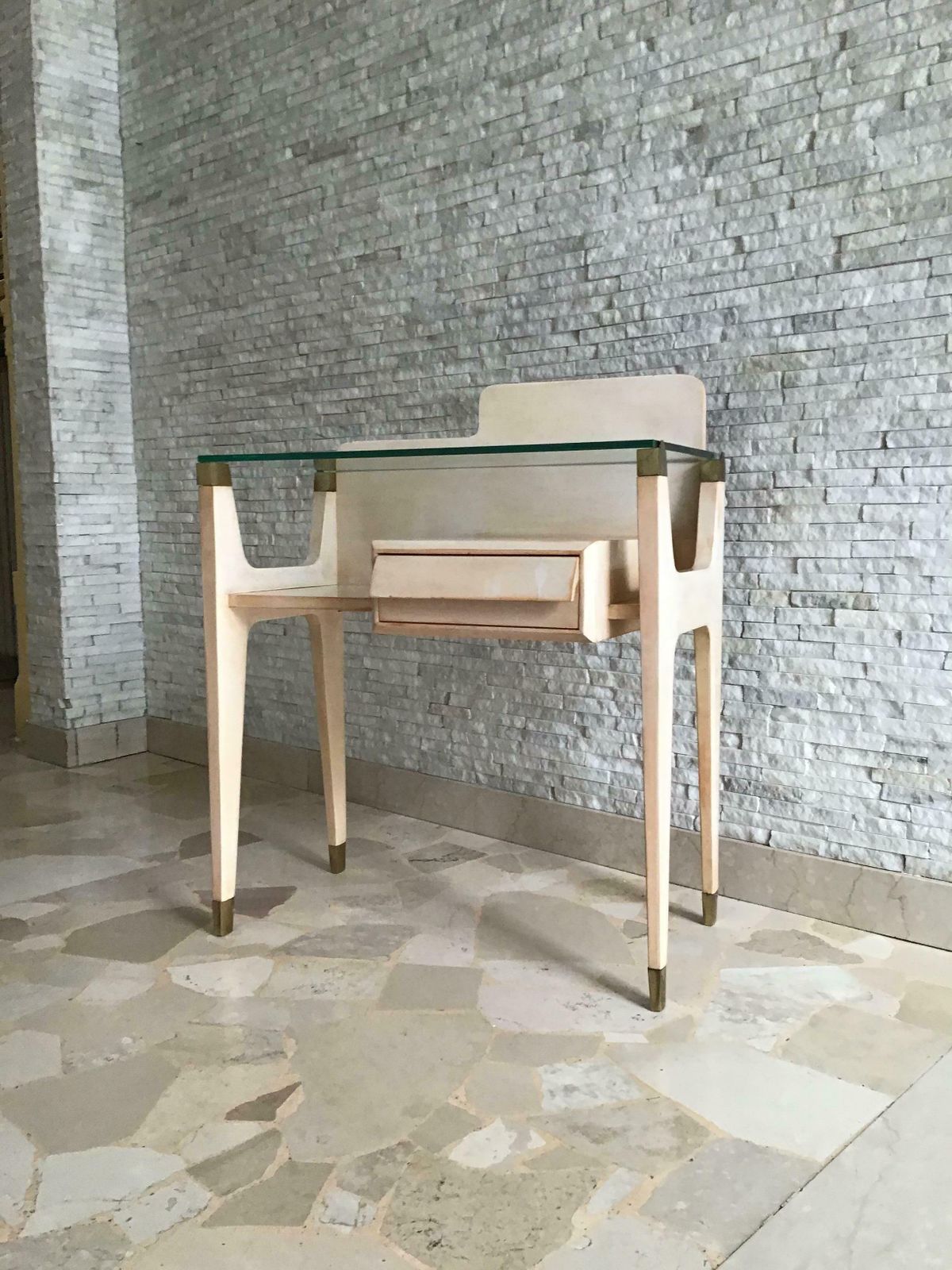 photo buy Gio Ponti Stile Bedside Tables Brass Wood Glass 1950 Italy