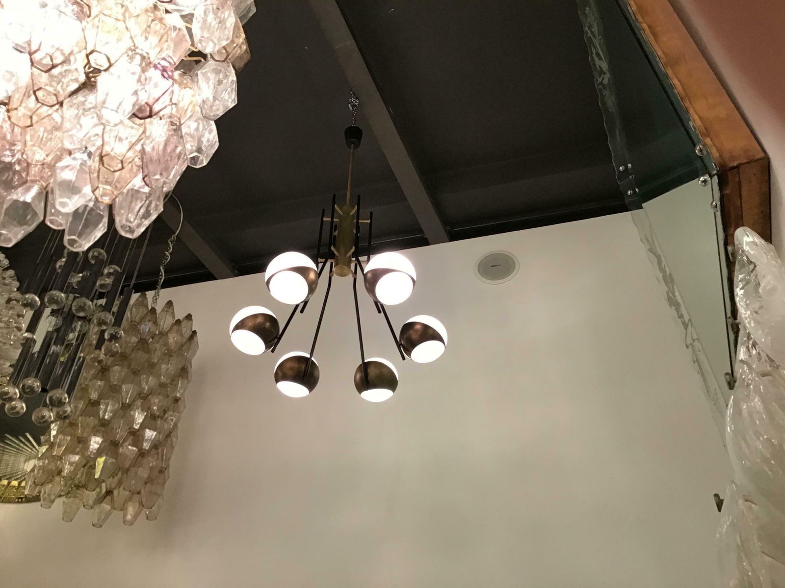 Stilnovo Style Chandelier Brass Opaline Glass Iron, 1950, Italy photo for sale