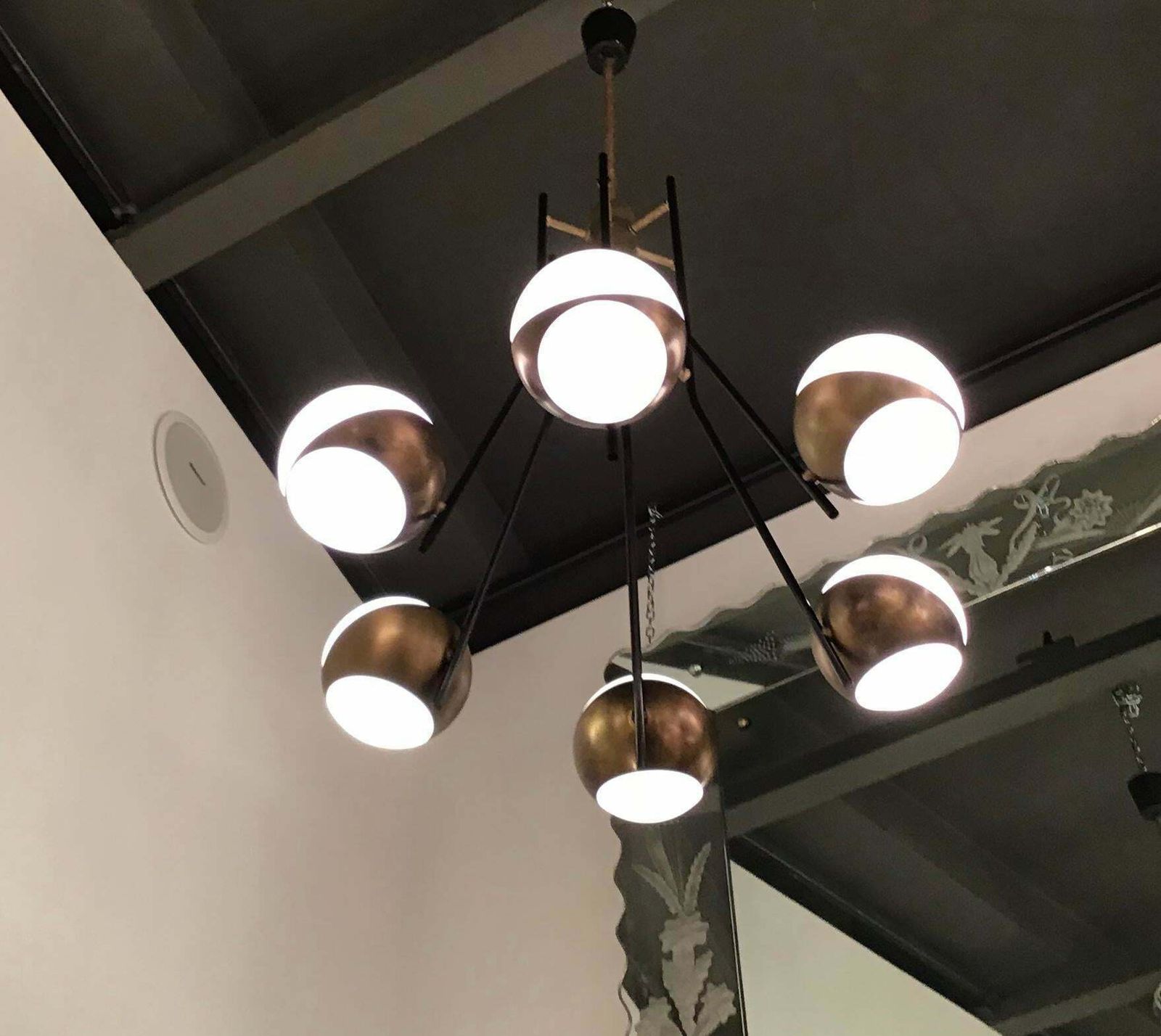 Stilnovo Style Chandelier Brass Opaline Glass Iron, 1950, Italy photo vinterior