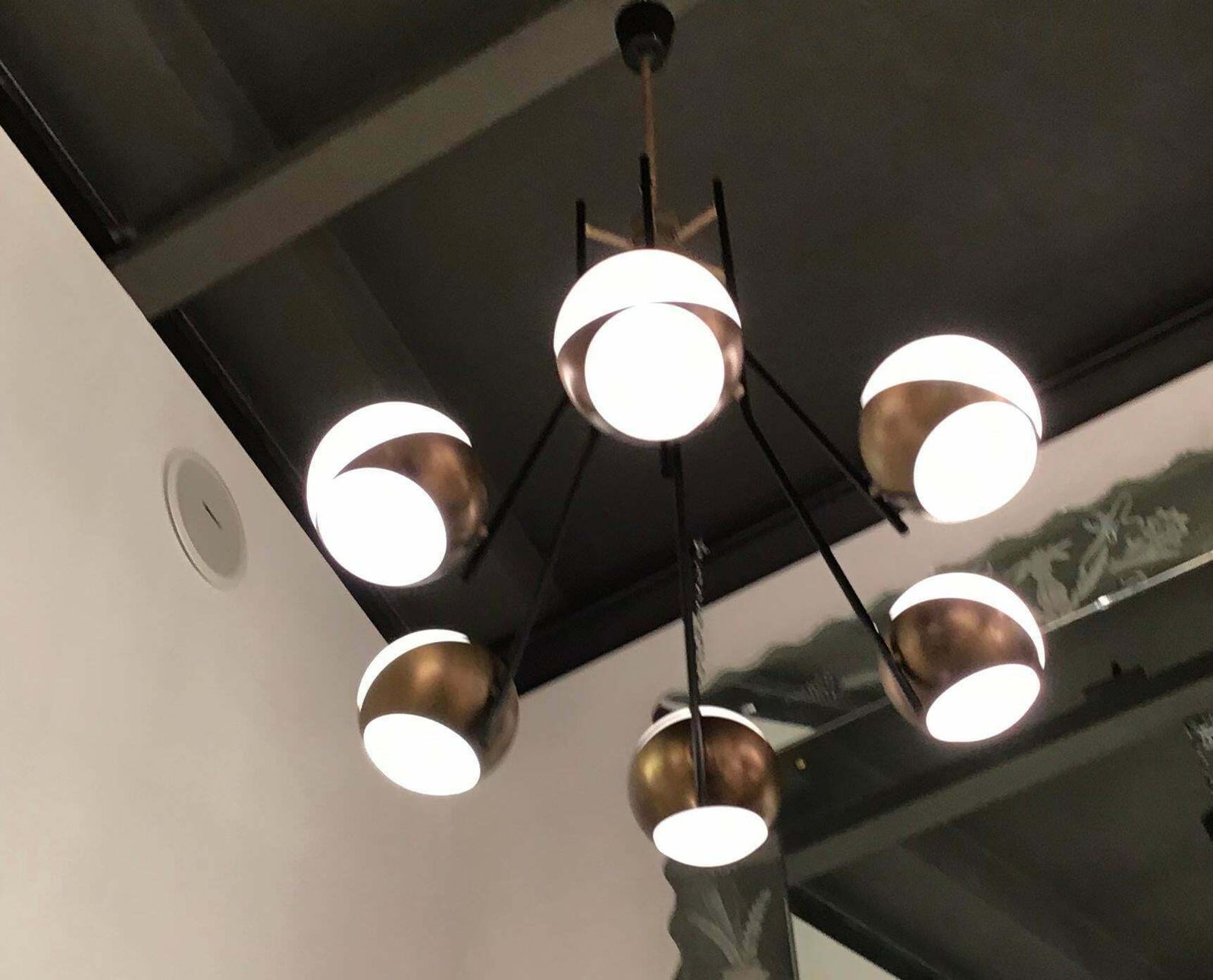 Stilnovo Style Chandelier Brass Opaline Glass Iron, 1950, Italy photo buy