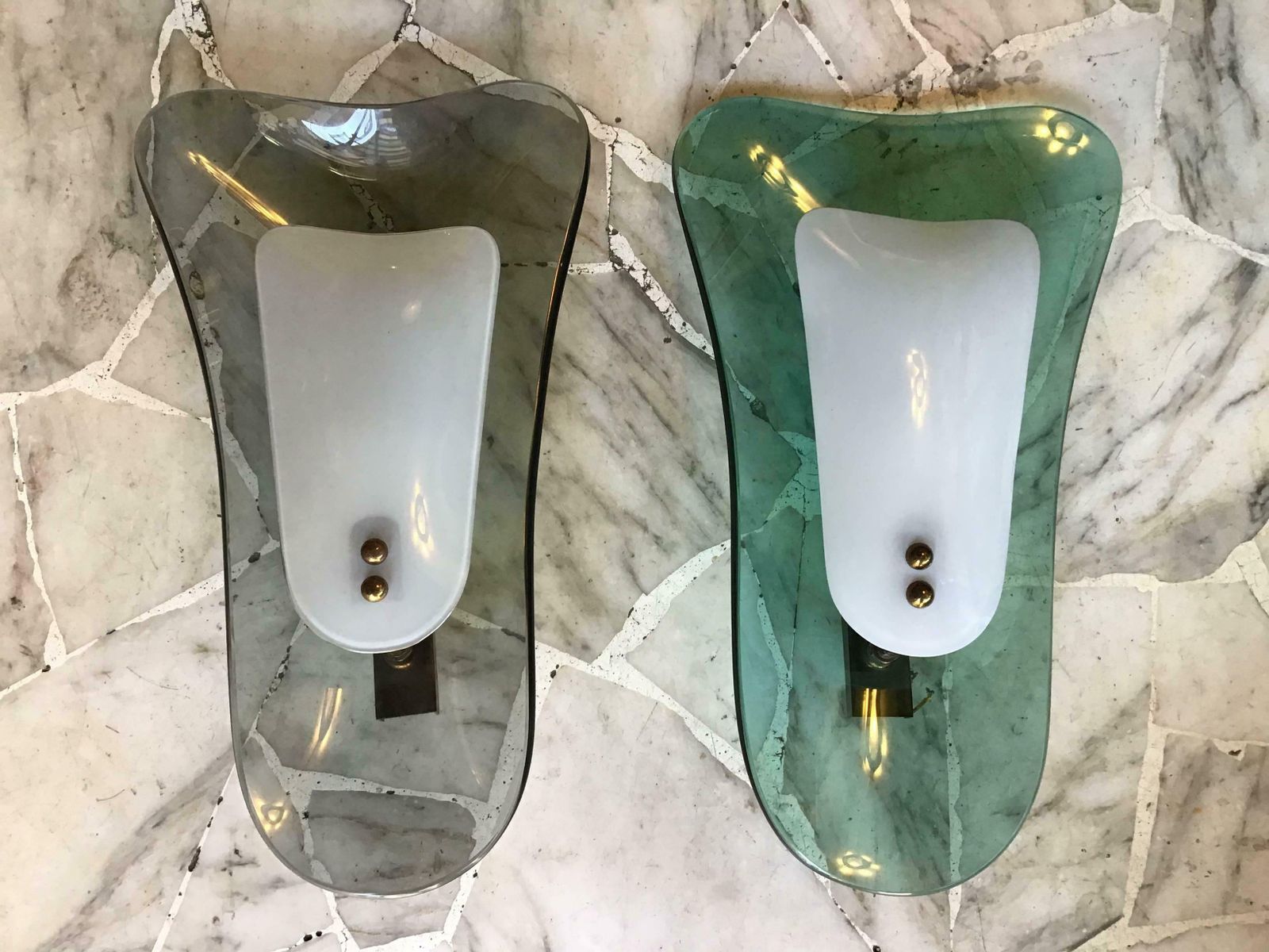 Pair Of Fontana Arte Emerald Green And Greynglass Italian Sconces, 1960 photo vinterior