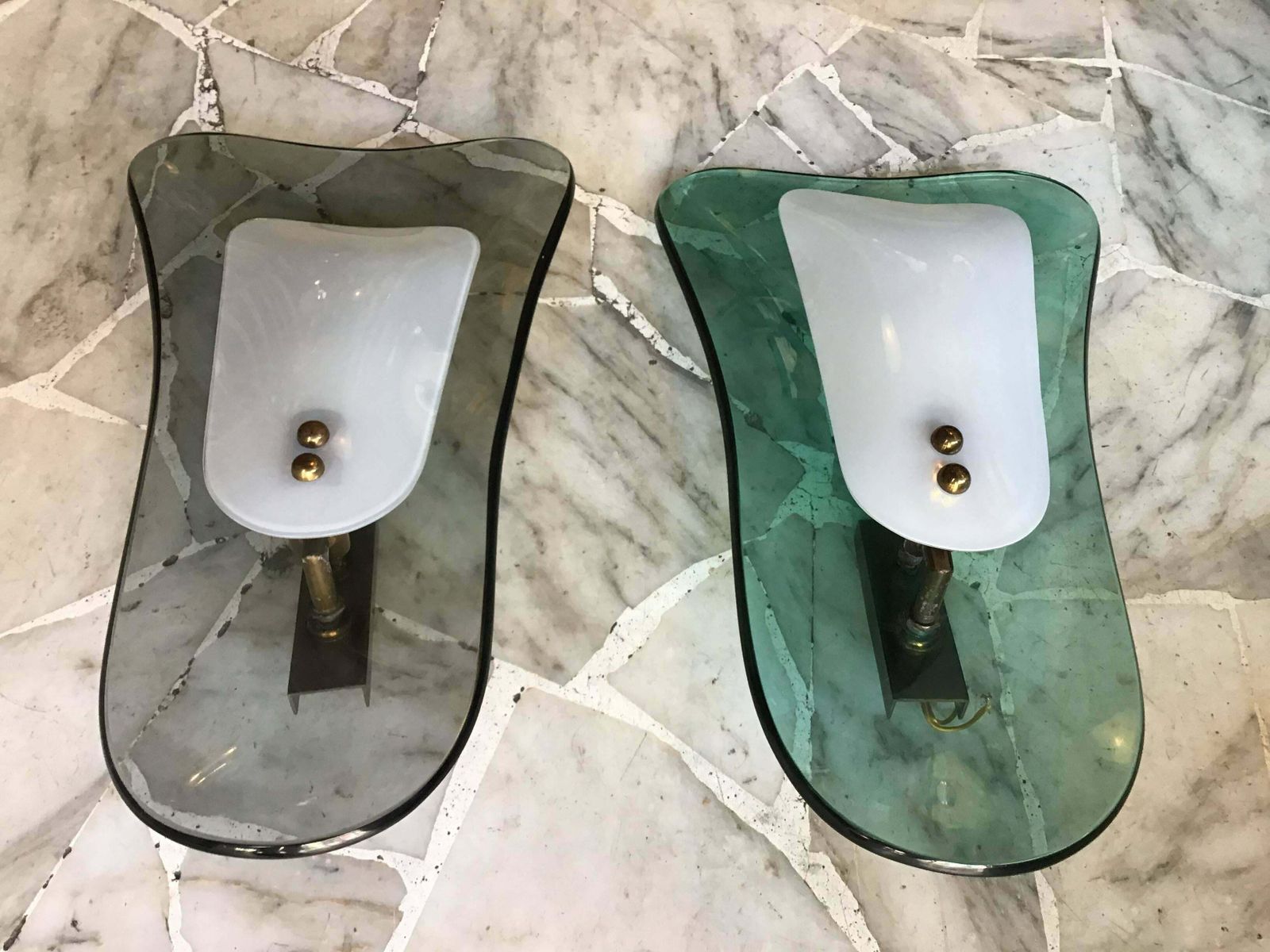 Pair Of Fontana Arte Emerald Green And Greynglass Italian Sconces, 1960 photo buy