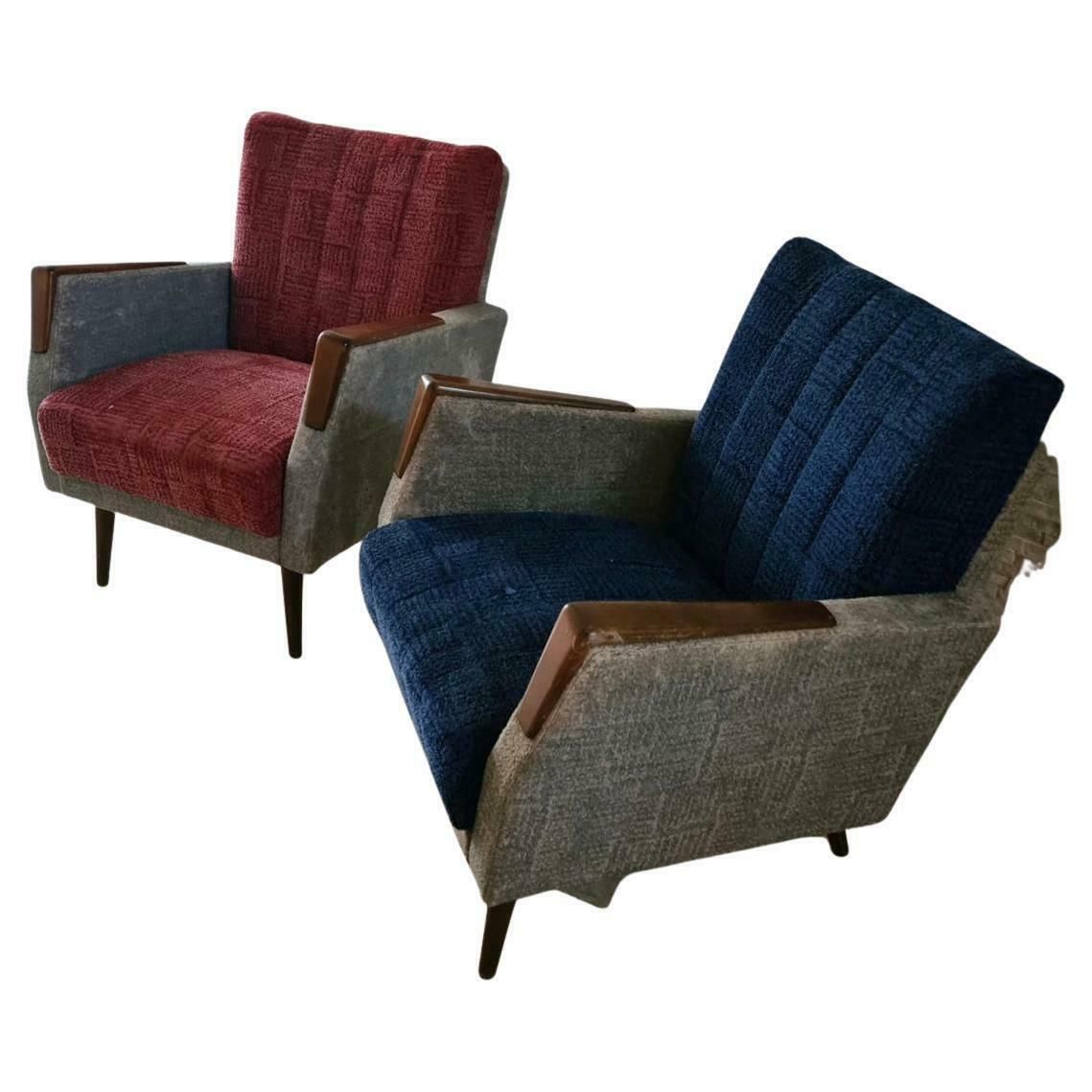 Gio Ponti “Stile” Armchairs Couples Wood Stuffing Cloth, 1950, Italy