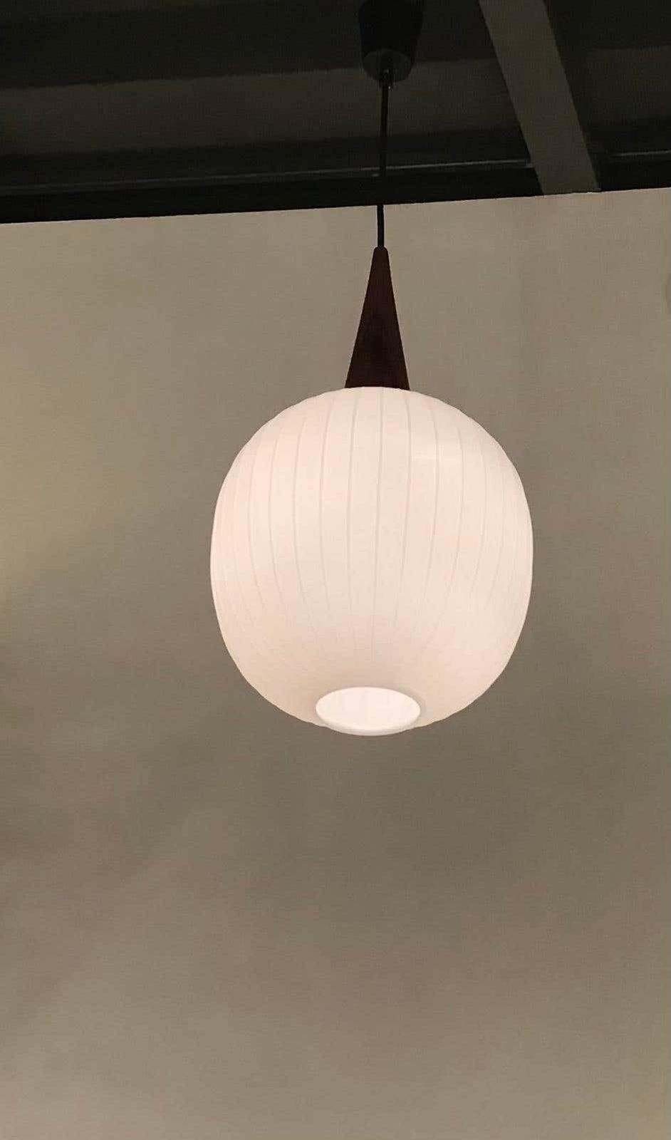 Stilnovo Stile Chandelier Opaline Glass Wood Metal, 1965, Italy photo furniture
