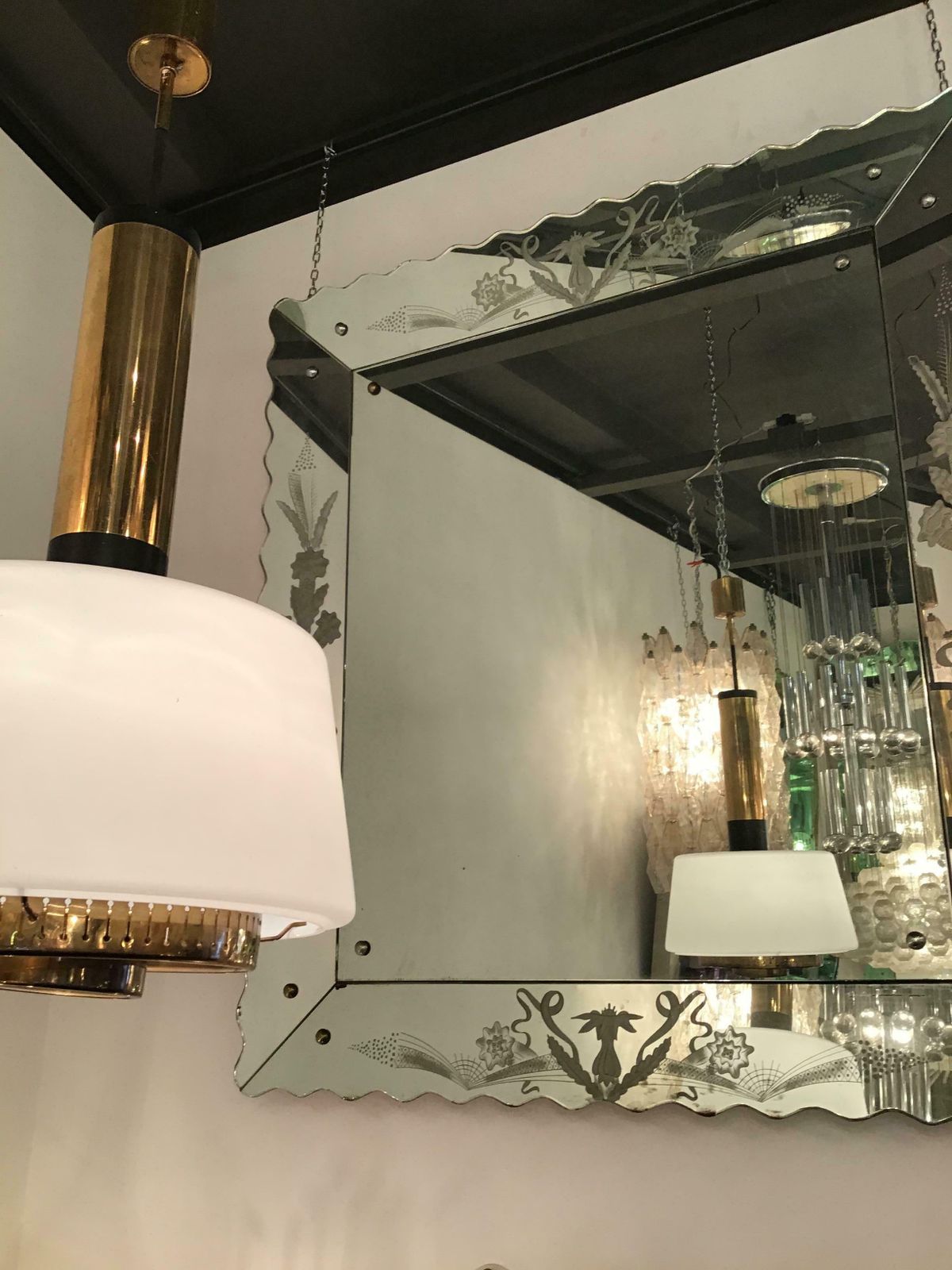 Stilnovo Chandelier Brass Opaline Glass 1955 Italy photo for sale