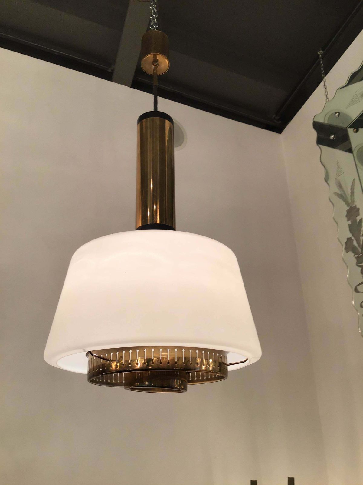 Stilnovo Chandelier Brass Opaline Glass 1955 Italy photo vinterior