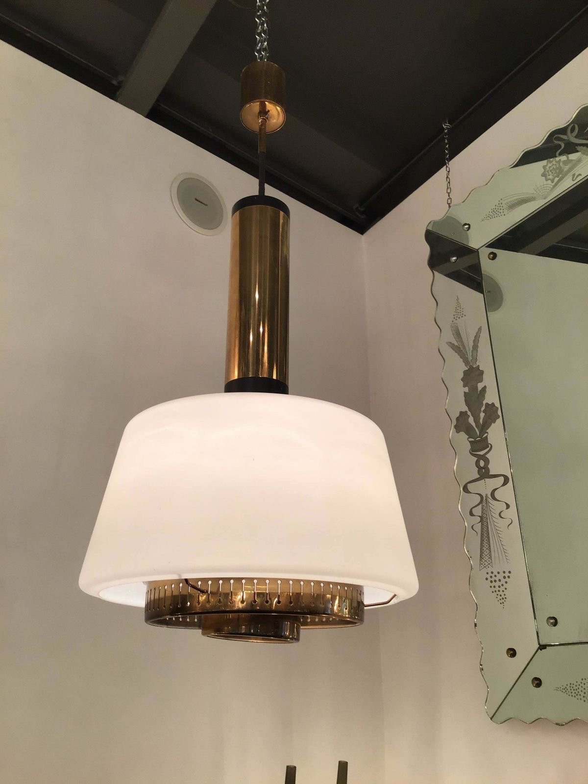 Stilnovo Chandelier Brass Opaline Glass 1955 Italy photo buy