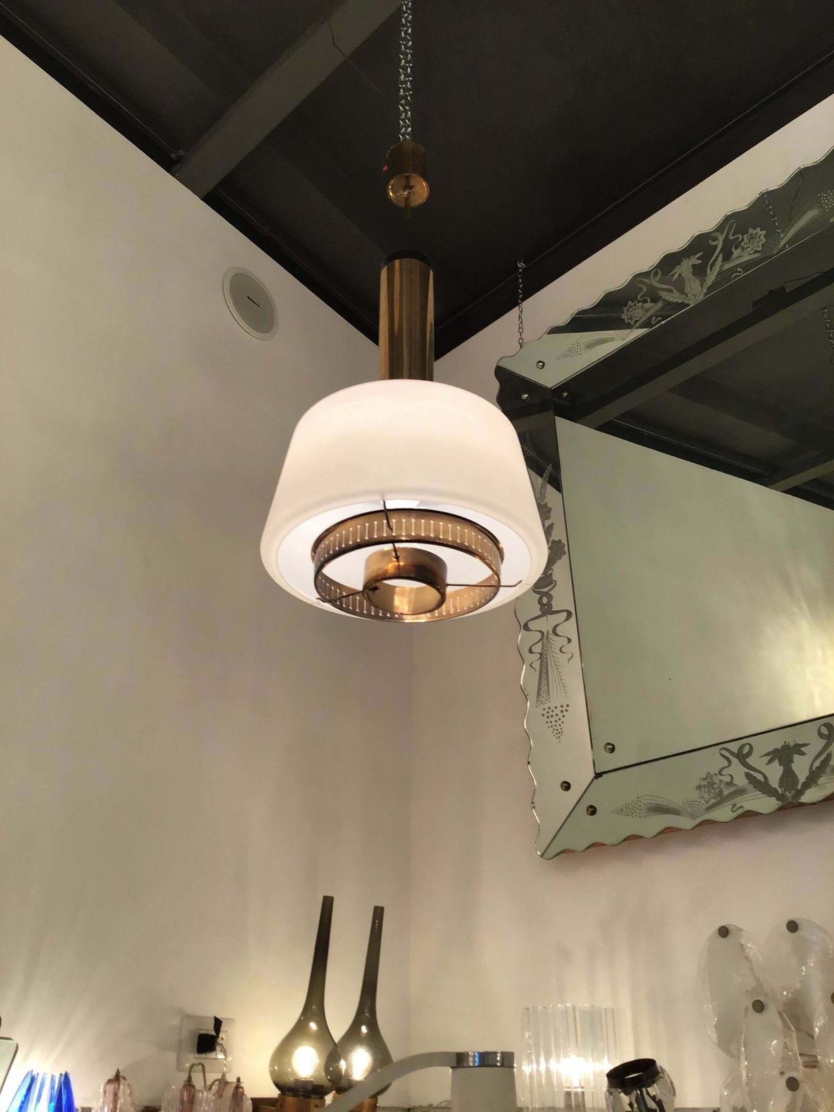 Stilnovo Chandelier Brass Opaline Glass 1955 Italy photo vintage