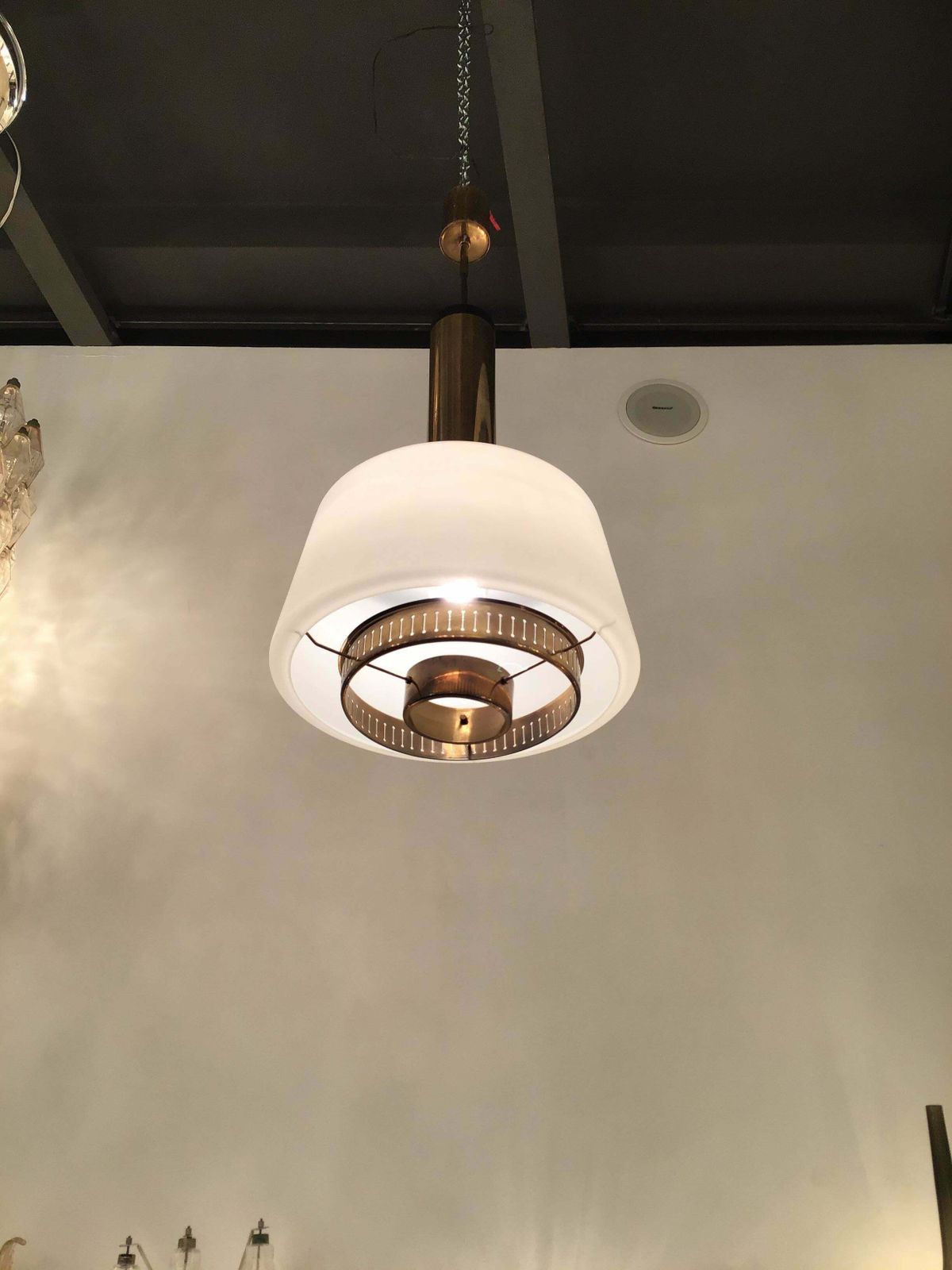 photo furniture Stilnovo Chandelier Brass Opaline Glass 1955 Italy