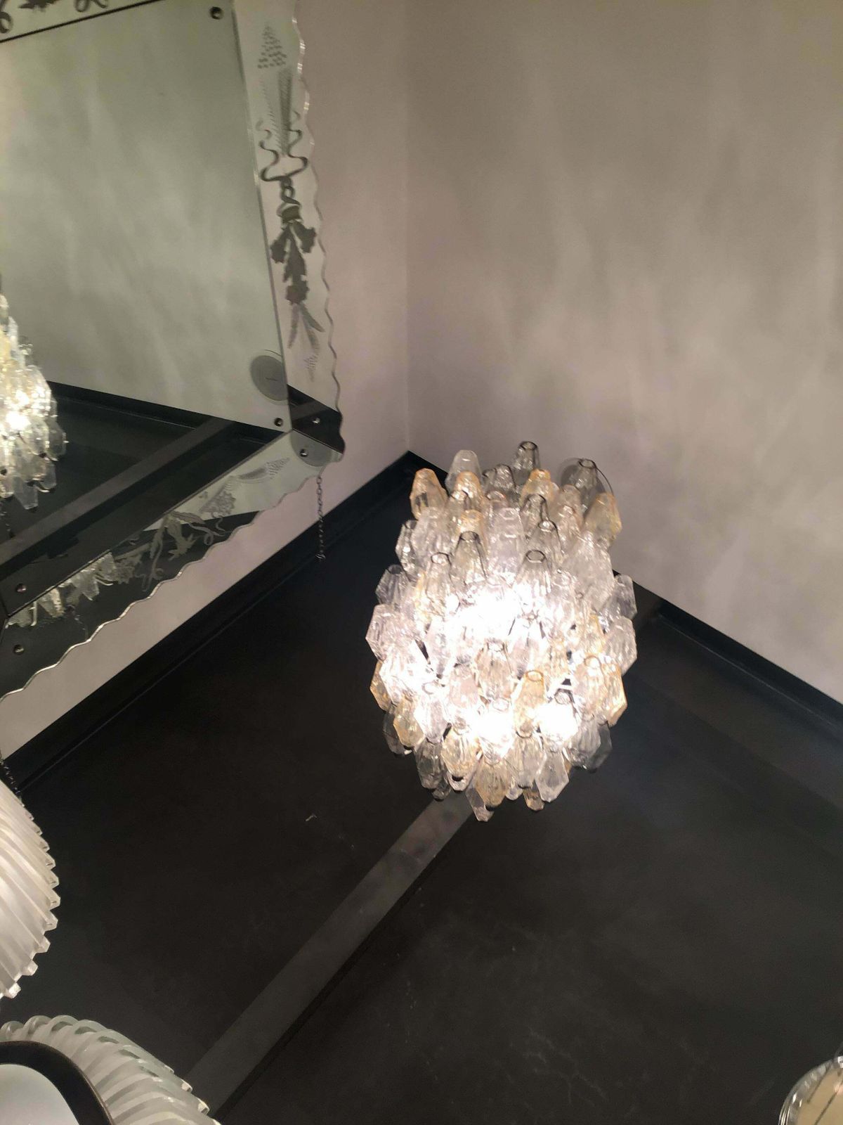 6781.0 Venini “Carlo Scarpa “ Poliedri. Chandelier Brass Murano Glass Iron 1955 Italy photo