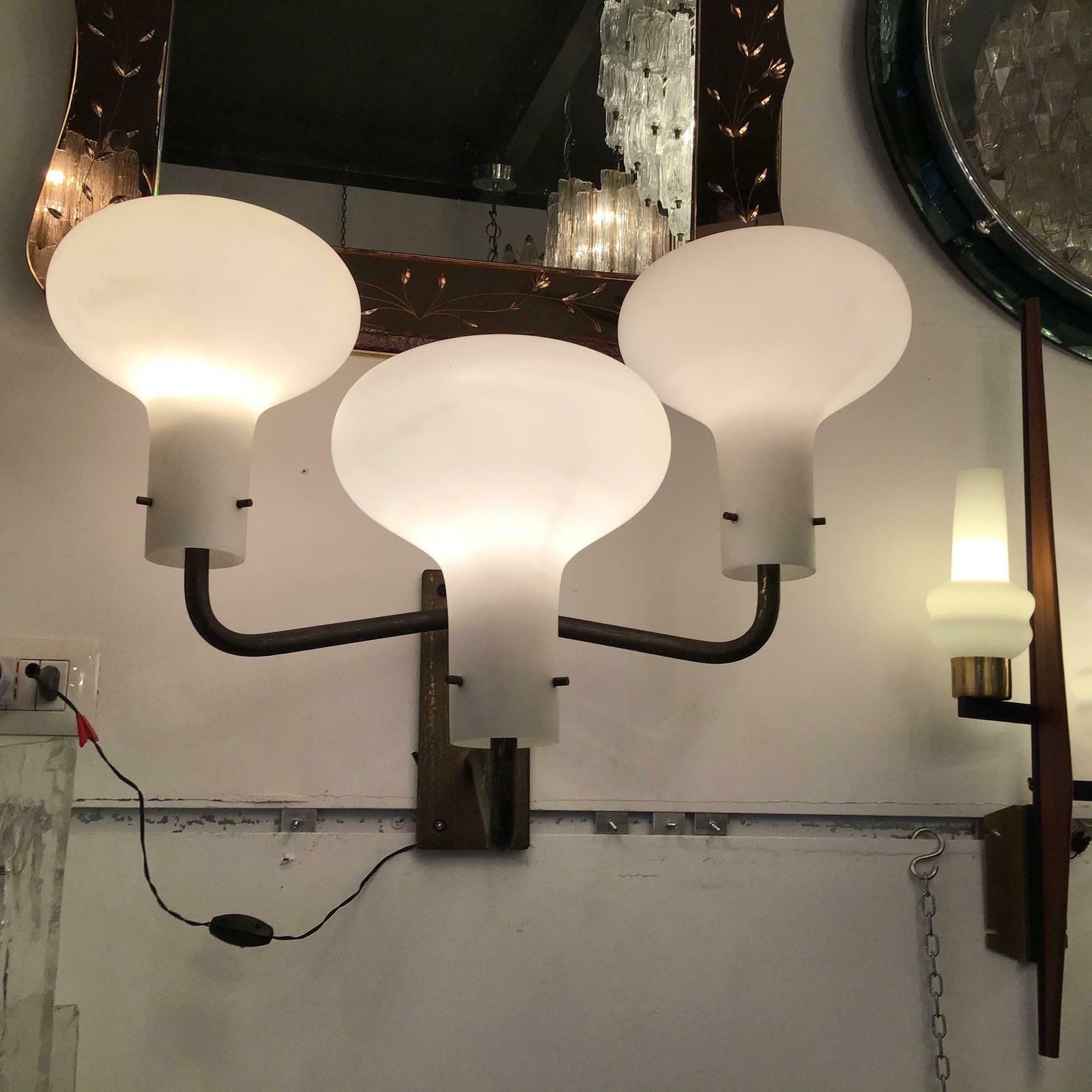 photo for sale Ignazio Gardella Azucena Sconces Brass Opaline Glass 1955 Italy